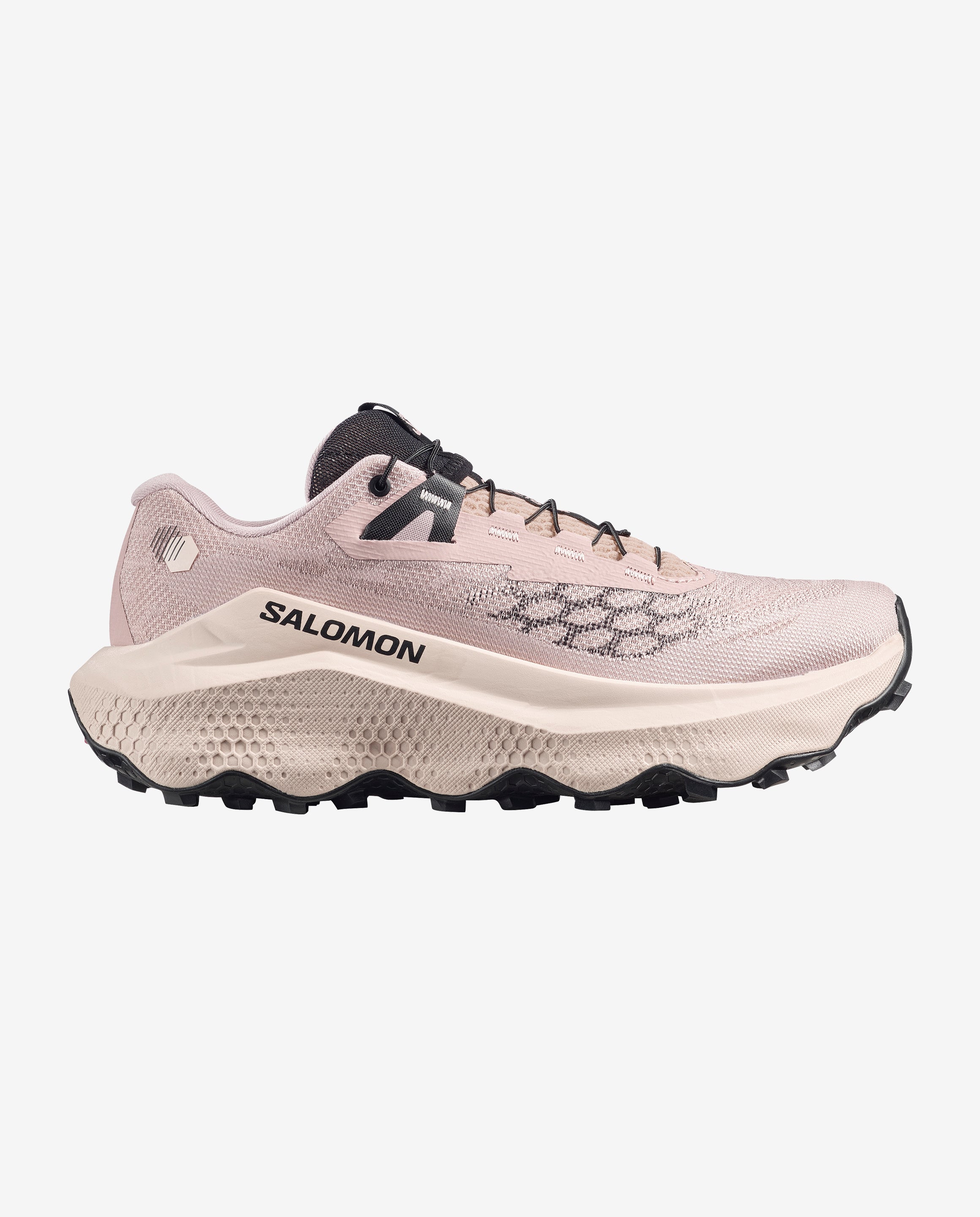 Side view of the Women's Salomon Ultra Glide 4 trail running shoe in shadow grey tapioca colour