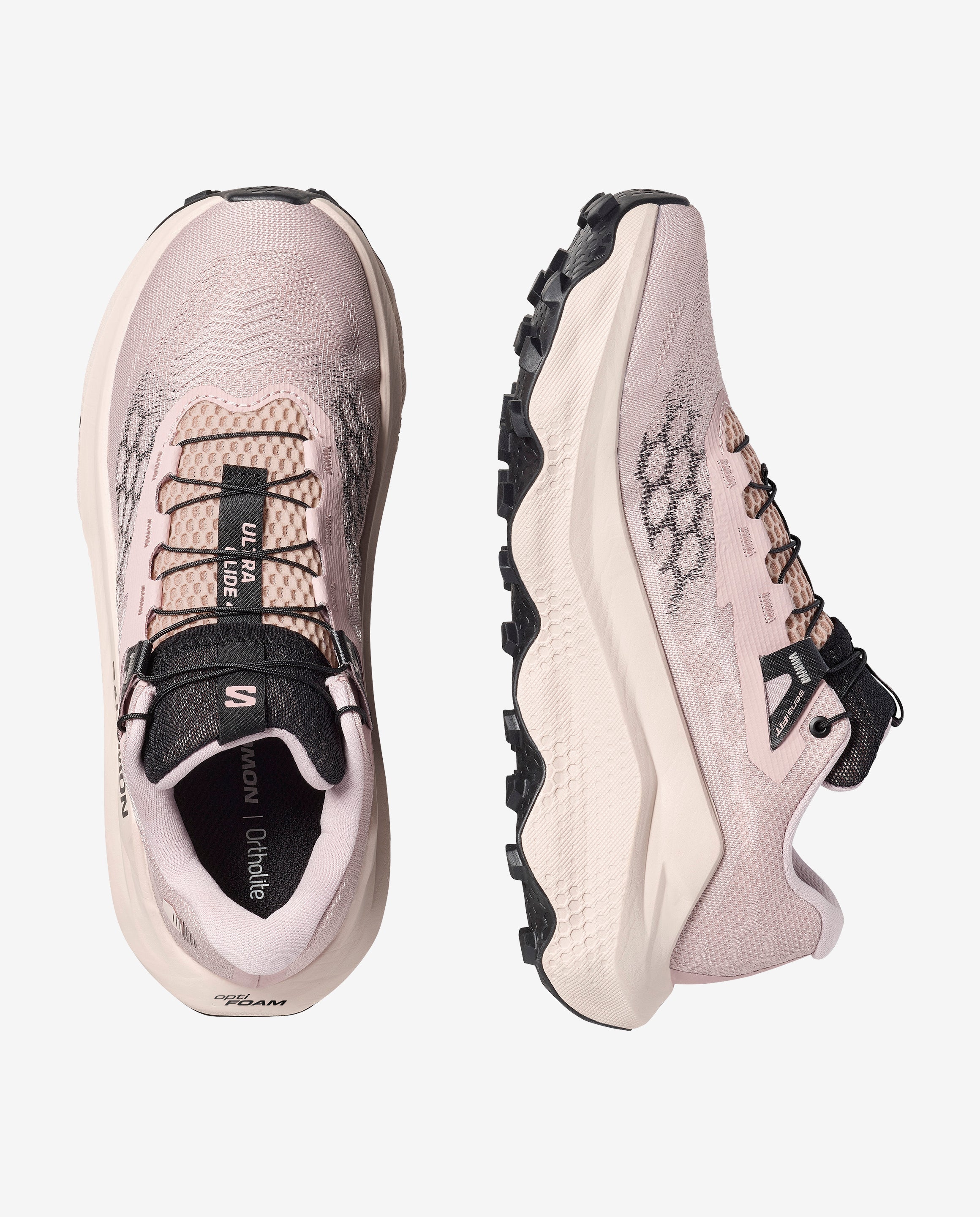 Pair of Women's Salomon Ultra Glide 4 trail running shoe in shadow grey tapioca colour