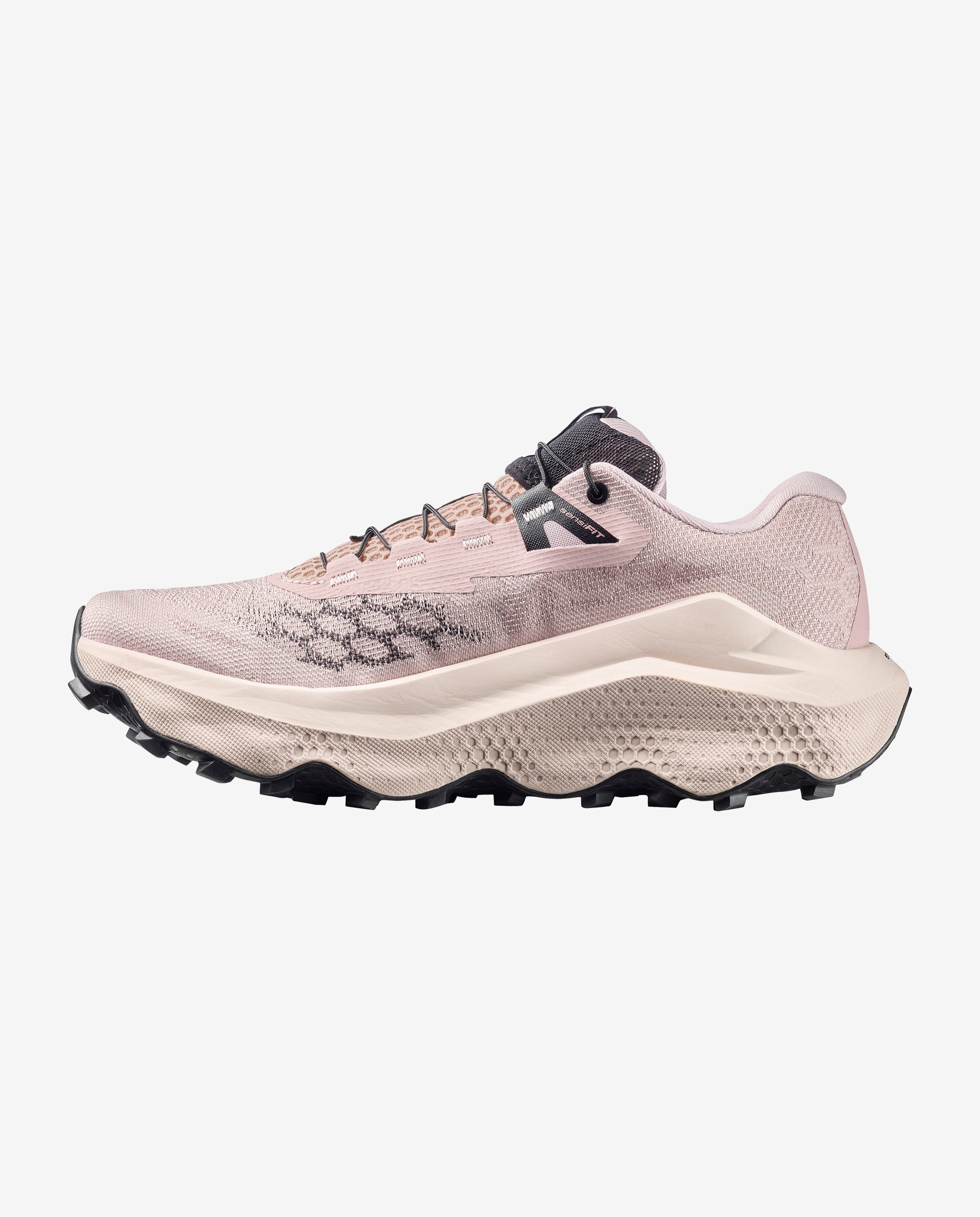 Side view of the Women's Salomon Ultra Glide 4 trail running shoe in shadow grey tapioca colour