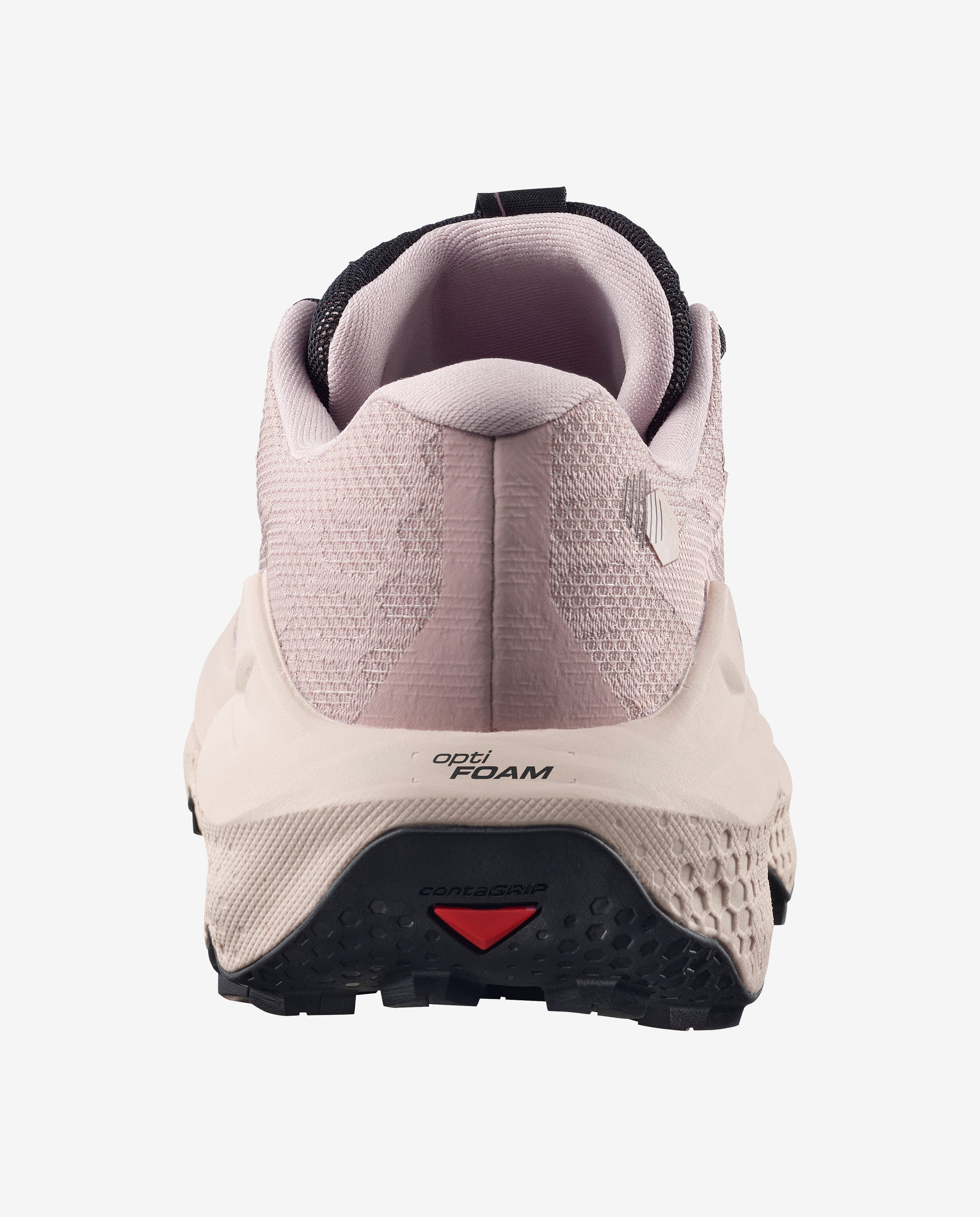 Back heel view of the Women's Salomon Ultra Glide 4 trail running shoe in shadow grey tapioca colour showing optifoam logo