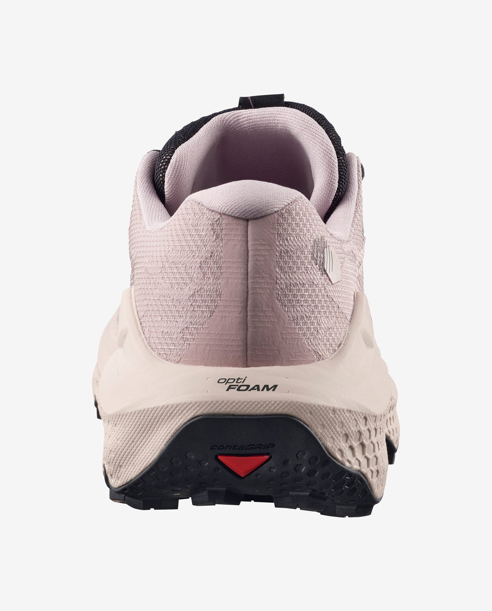 Back heel view of the Women's Salomon Ultra Glide 4 trail running shoe in shadow grey tapioca colour showing optifoam logo