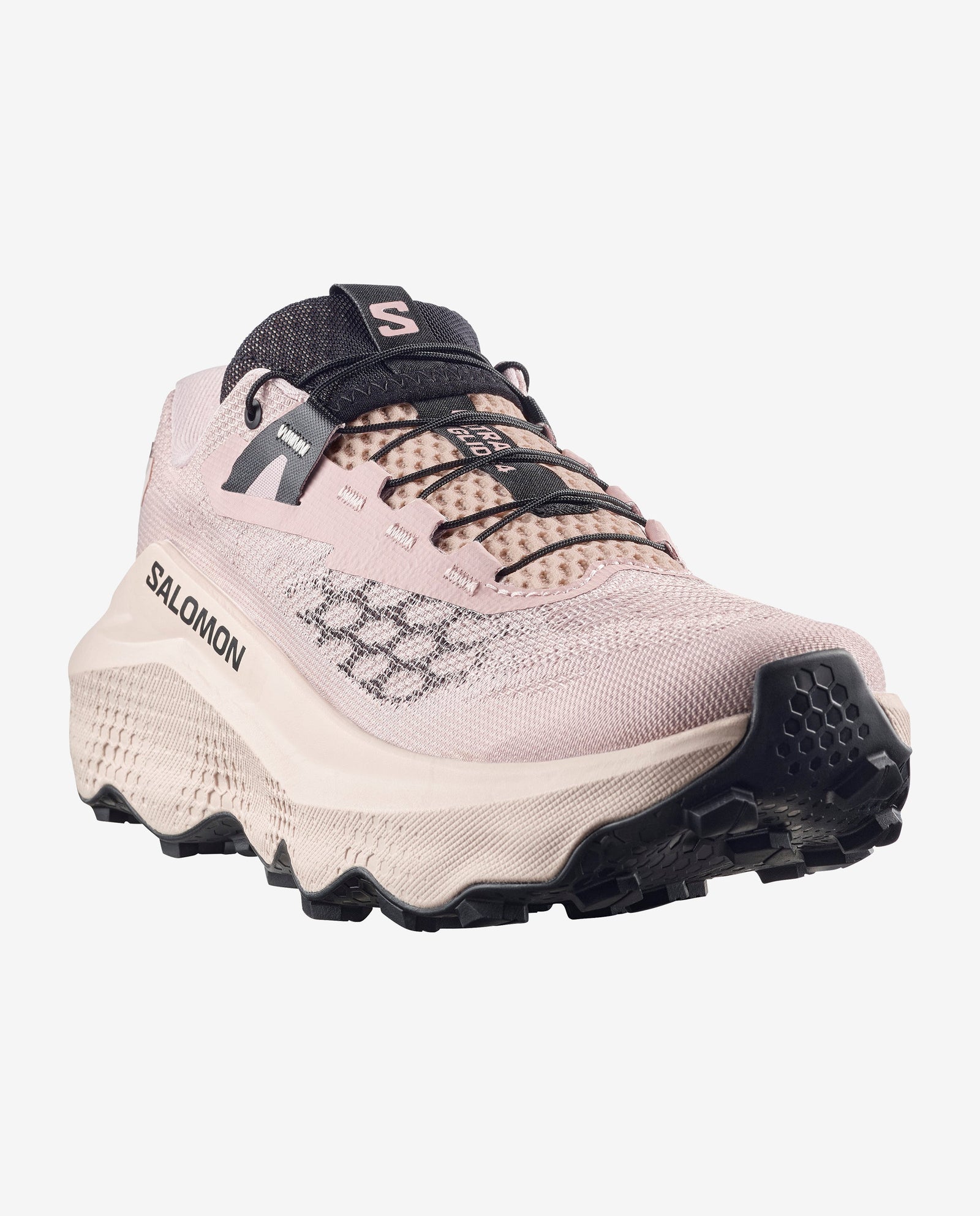 Front view of the Women's Salomon Ultra Glide 4 trail running shoe in shadow grey tapioca colour