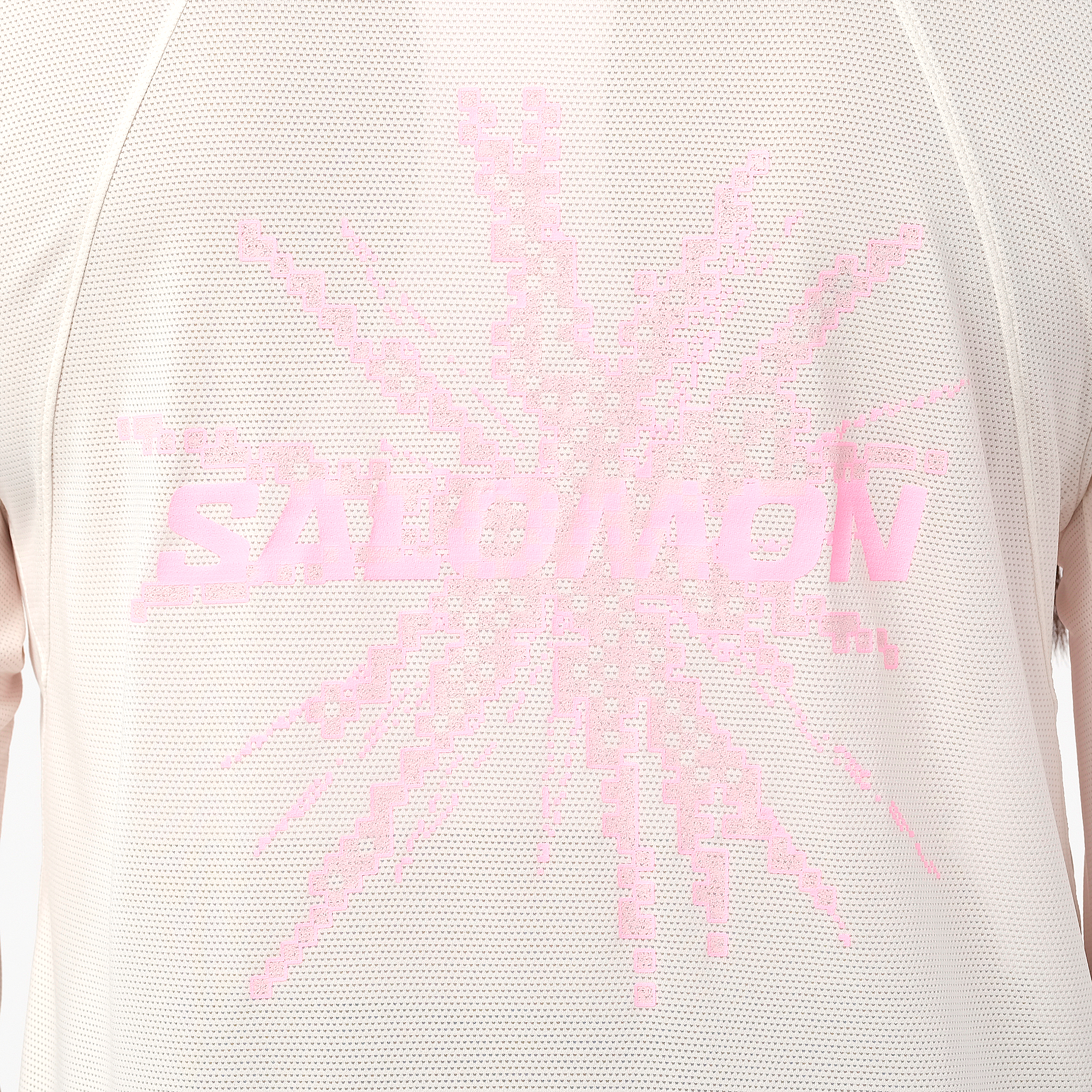 salomon womens shakeout core long sleeve, super breathable long sleeve shirt, white with light pink design, close up of design on back of shirt