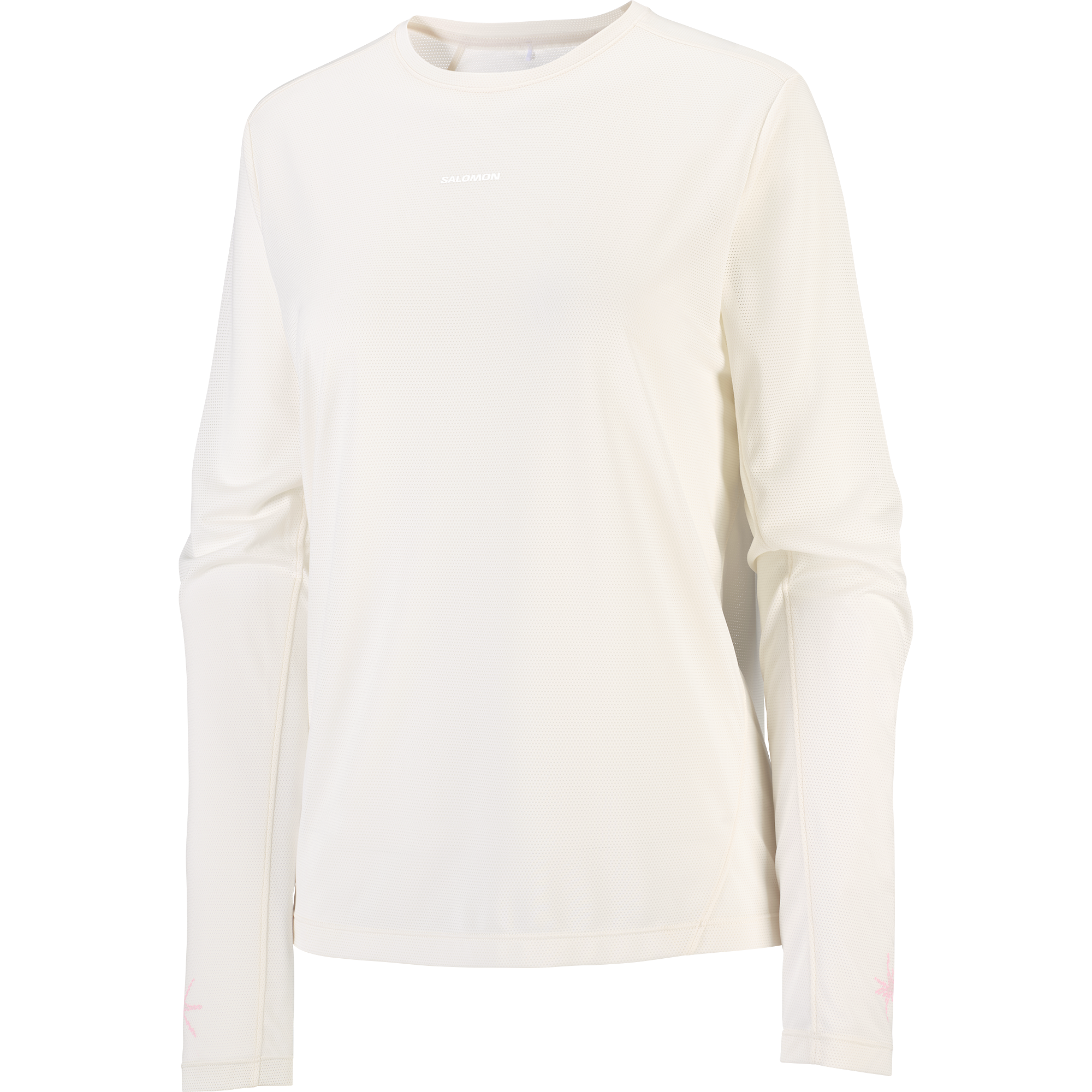 salomon womens shakeout core long sleeve, super breathable long sleeve shirt, white with light pink design, front of shirt with no background
