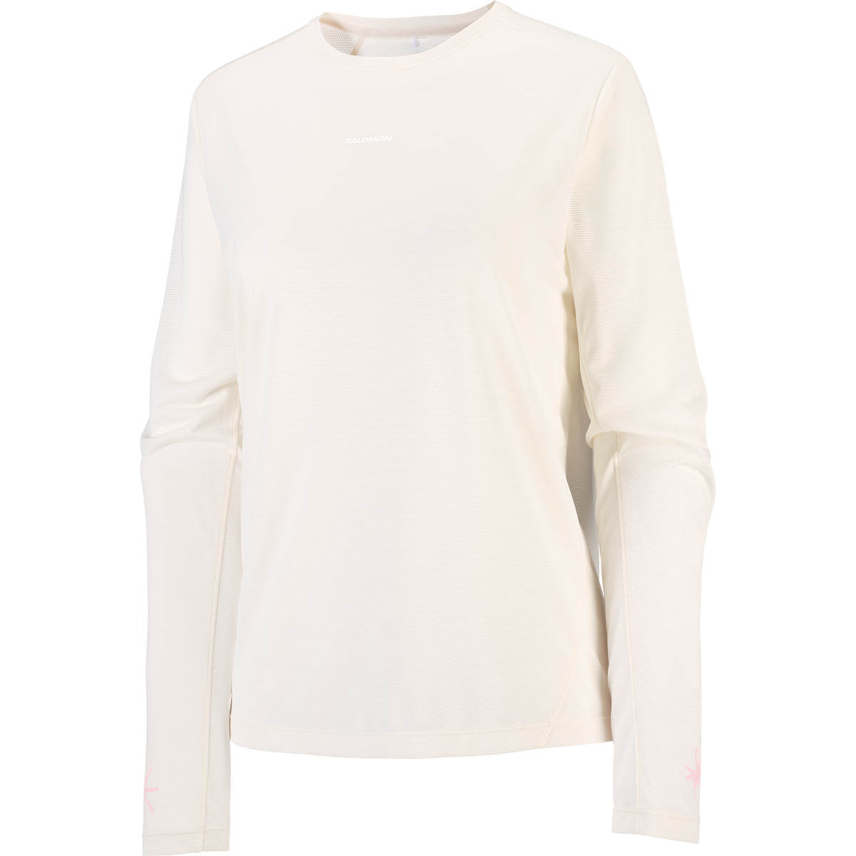 salomon womens shakeout core long sleeve, super breathable long sleeve shirt, white with light pink design, front of shirt with no background