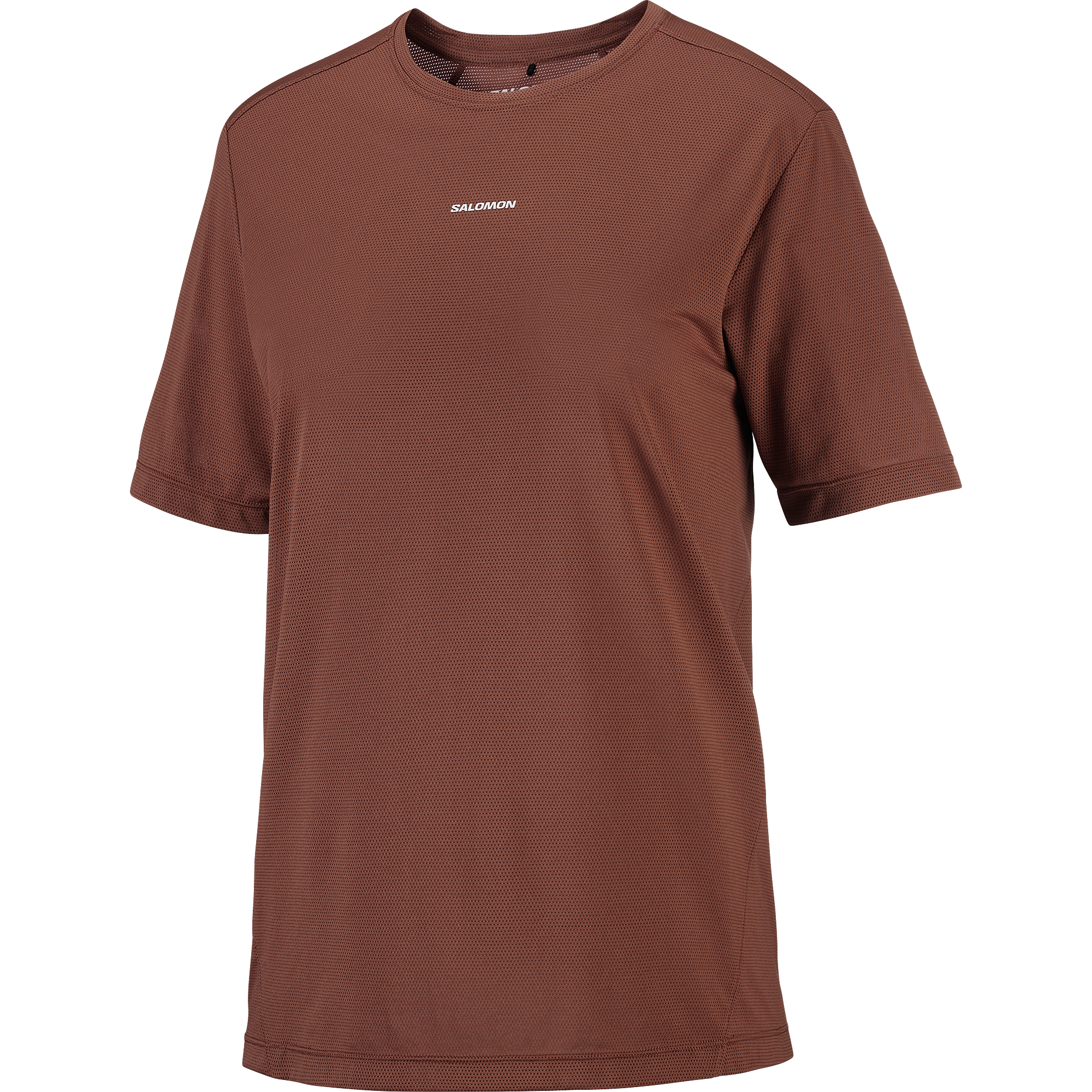 salomon shakeout core short sleeve running t-shirt for women, light and breathable run tee, dark burgundy colour with white salomon logo, salomon tee lying flat on a white background 
