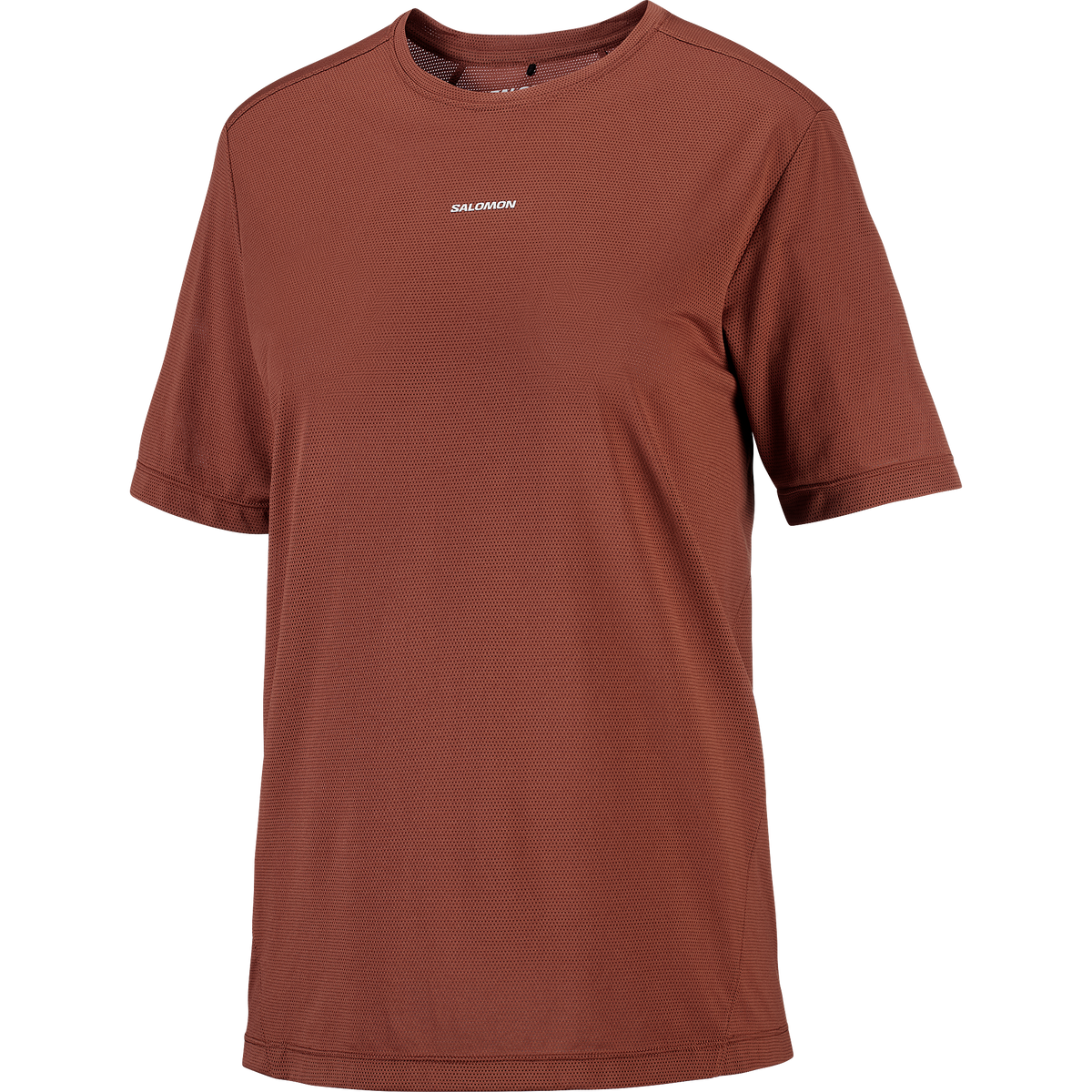 salomon shakeout core short sleeve running t-shirt for women, light and breathable run tee, dark burgundy colour with white salomon logo, salomon tee lying flat on a white background 