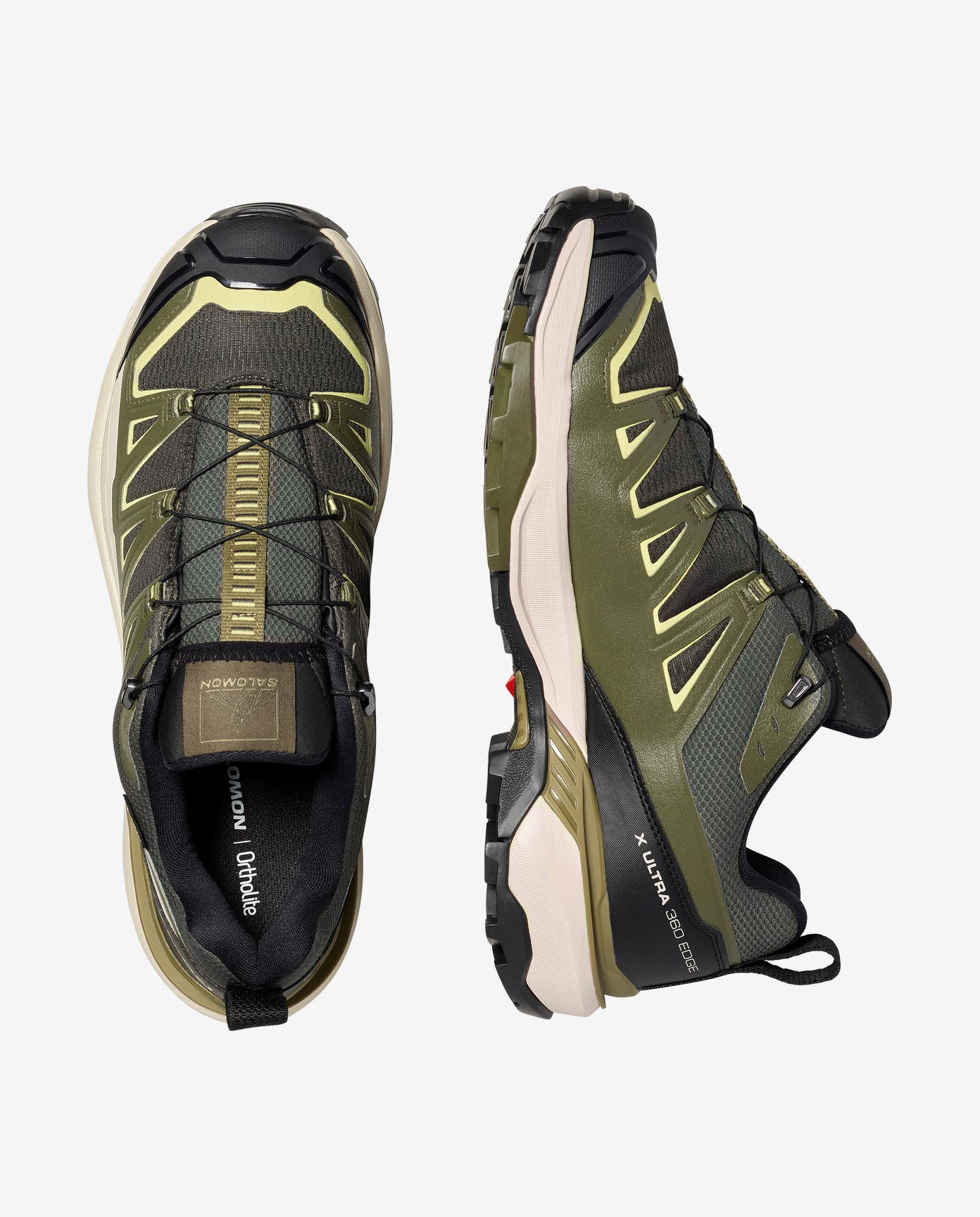 salomon x ultra 360 edge mens, gore-tex hiking shoe in the peat olive night endive colour. Side profile and top down pictures of both shoes on a white background.