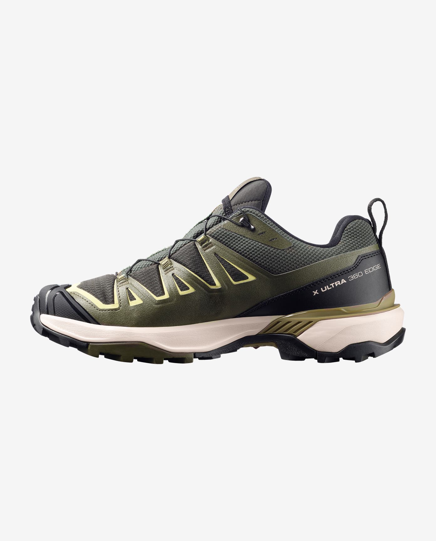 salomon x ultra 360 edge mens, gore-tex hiking shoe in the peat olive night endive colour. Side profile picture of shoe on white background.