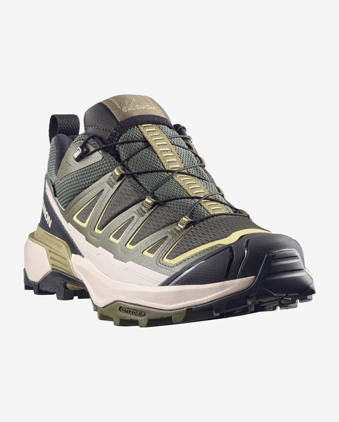 salomon x ultra 360 edge mens, gore-tex hiking shoe in the peat olive night endive colour. Front side on profile picture of shoe on white background.