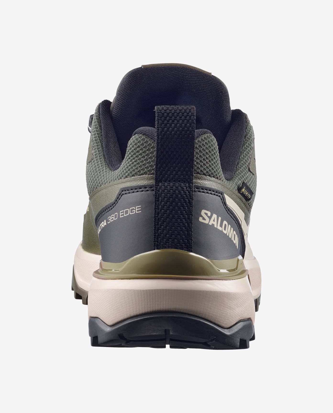 salomon x ultra 360 edge mens, gore-tex hiking shoe in the peat olive night endive colour. picture of the rear of shoe.