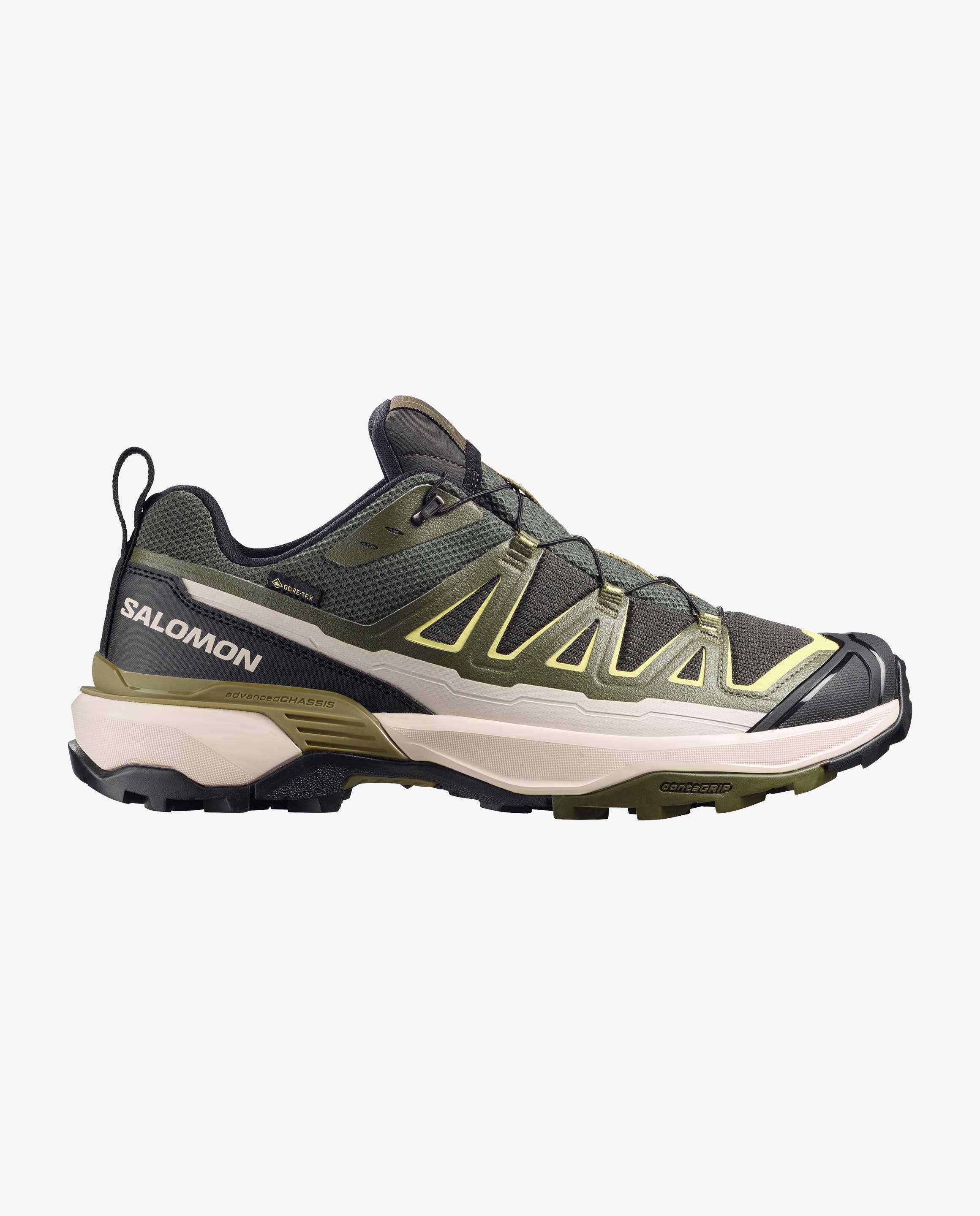 salomon x ultra 360 edge mens, gore-tex hiking shoe in the peat olive night endive colour. Side profile picture of shoe on white background.