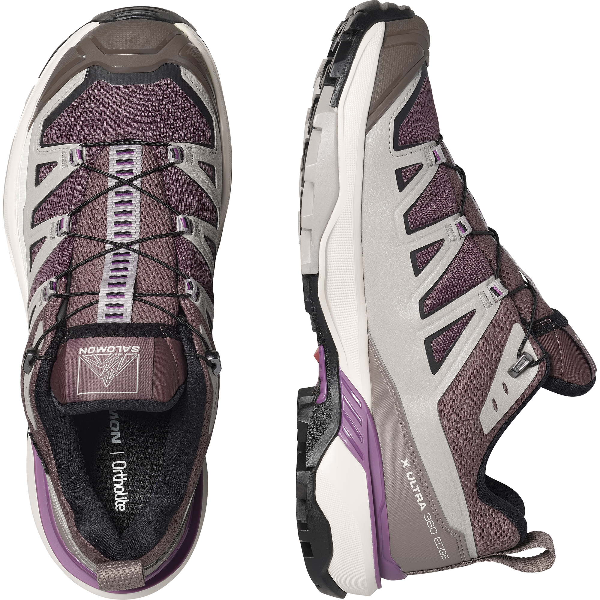 pair of salomon x ultra 360 edge gtx for women, waterproof hiking shoe with good grip, purple and grey colour,