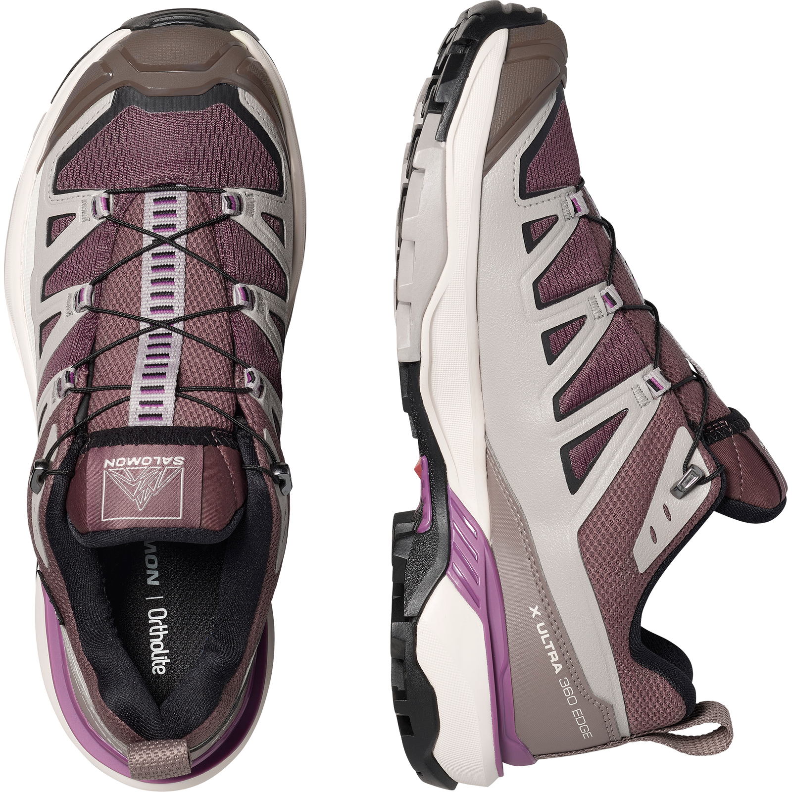 pair of salomon x ultra 360 edge gtx for women, waterproof hiking shoe with good grip, purple and grey colour,