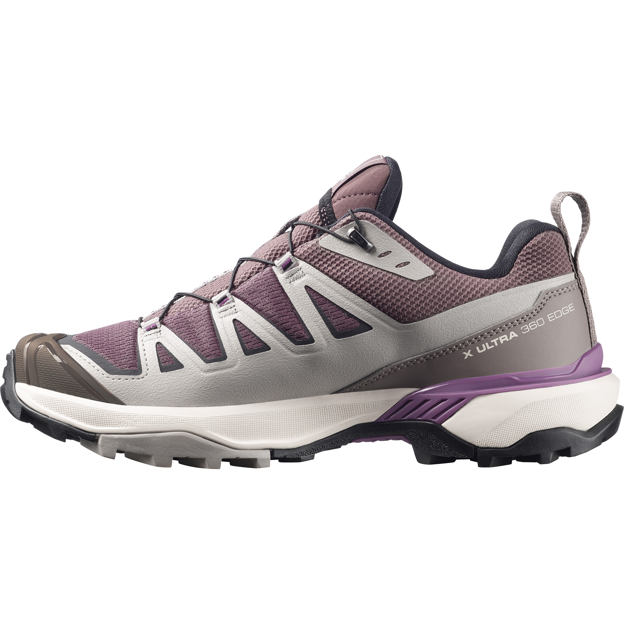 salomon x ultra 360 edge gtx for women, waterproof hiking shoe with good grip, purple and grey colour, side profile of shoe