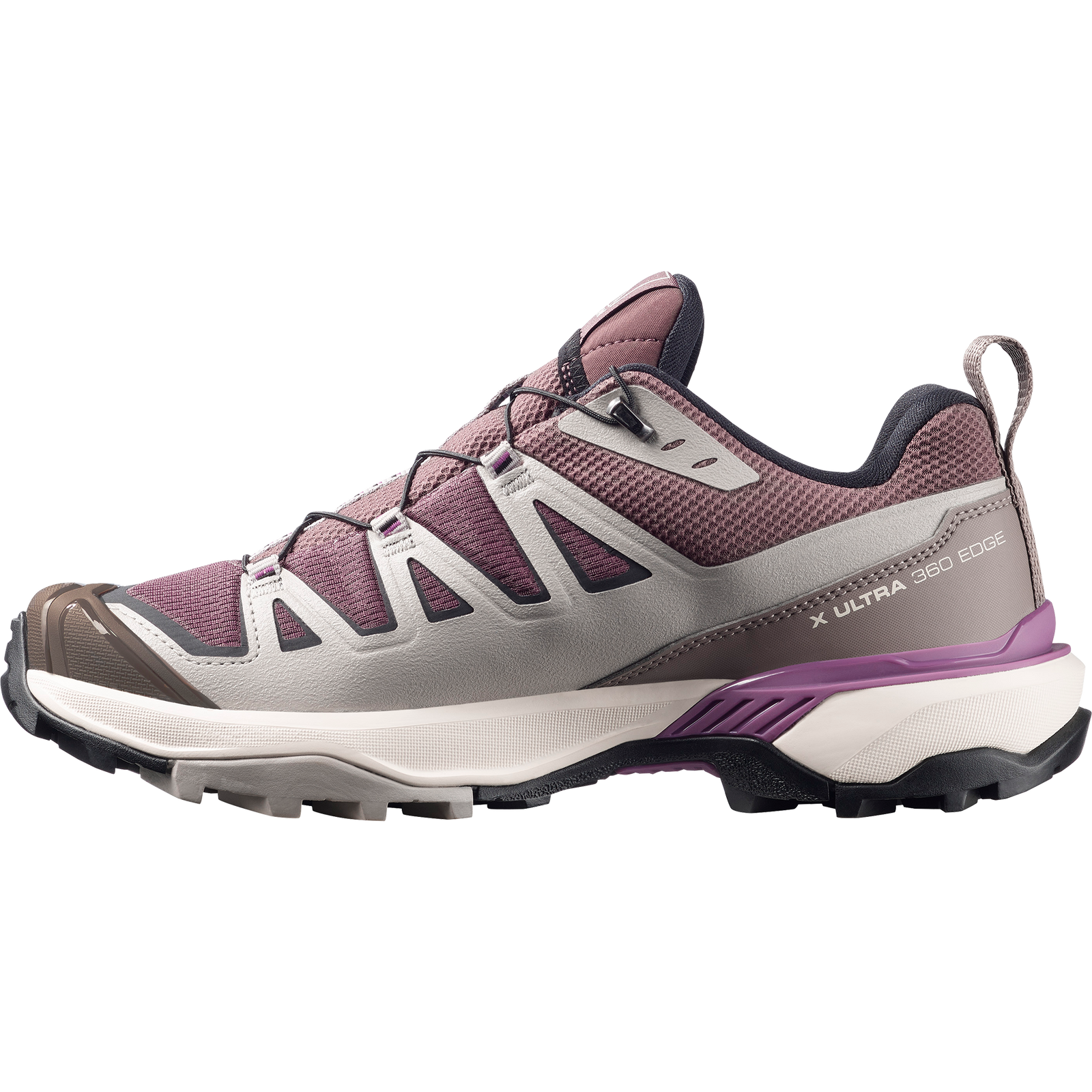 salomon x ultra 360 edge gtx for women, waterproof hiking shoe with good grip, purple and grey colour, side profile of shoe