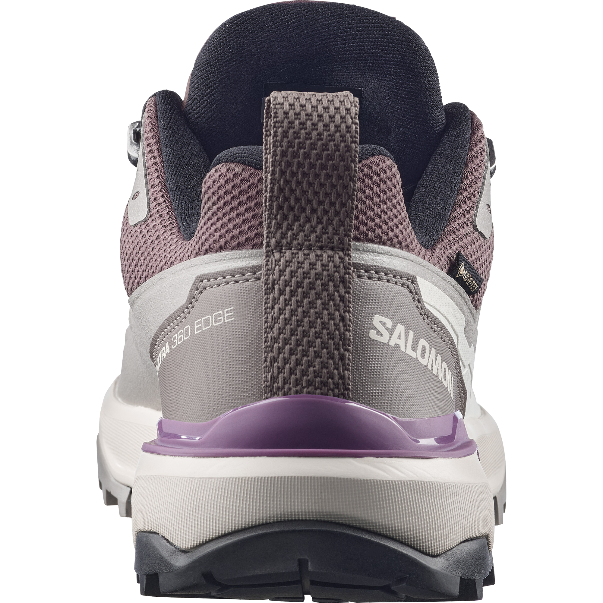 salomon x ultra 360 edge gtx for women, waterproof hiking shoe with good grip, purple and grey colour, back view of shoe