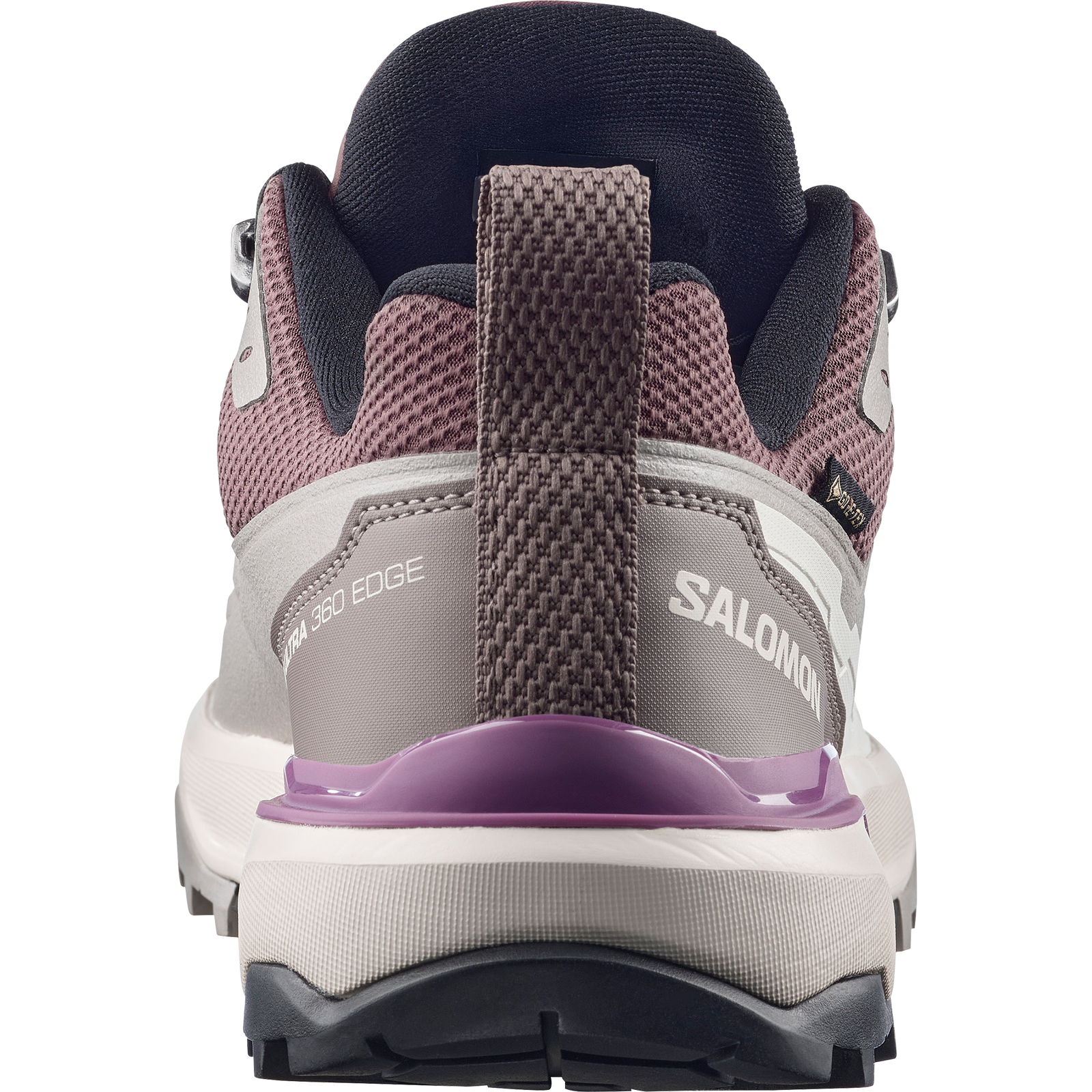 salomon x ultra 360 edge gtx for women, waterproof hiking shoe with good grip, purple and grey colour, back view of shoe