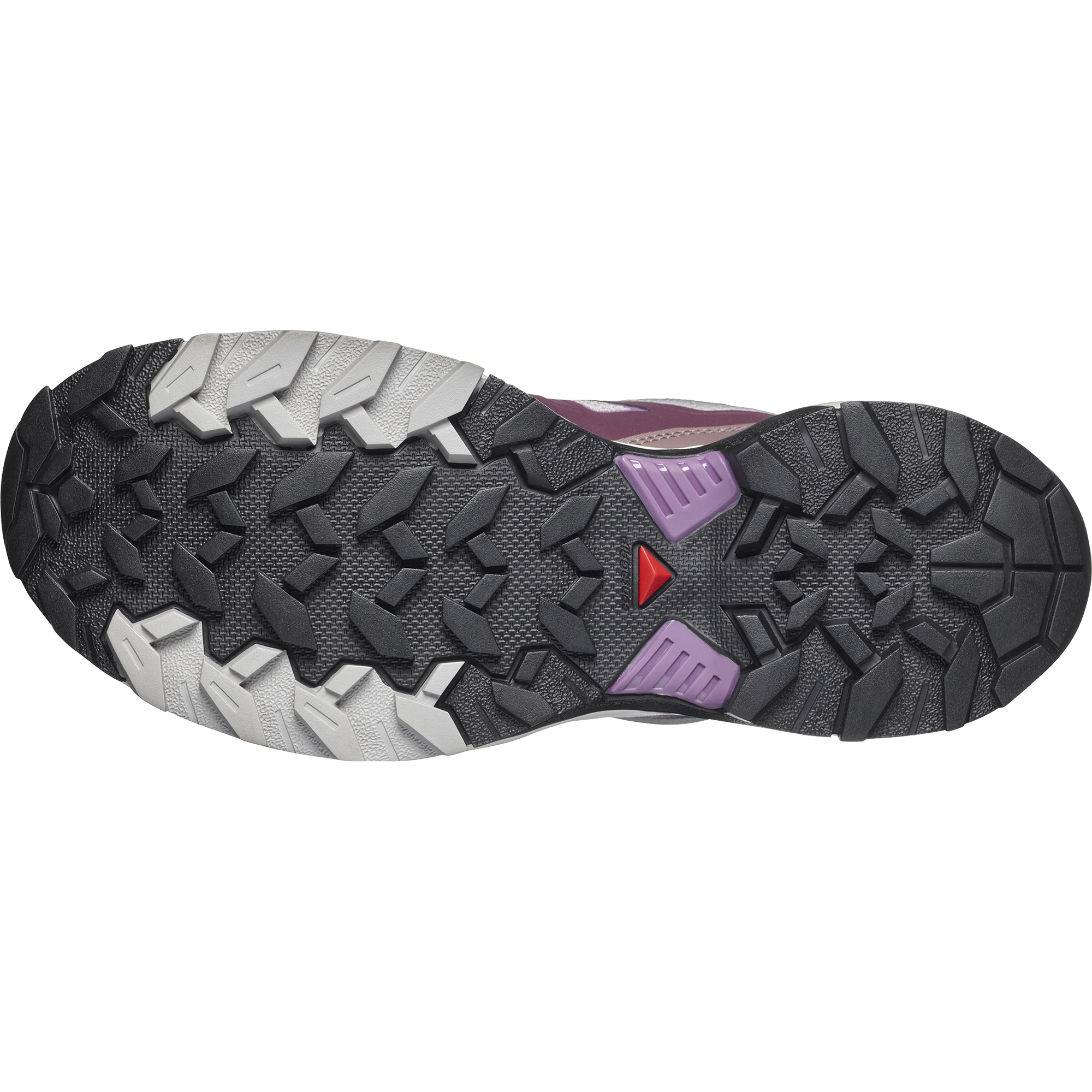 sole of salomon x ultra 360 edge gtx for women, waterproof hiking shoe with good grip, purple and grey colour, 