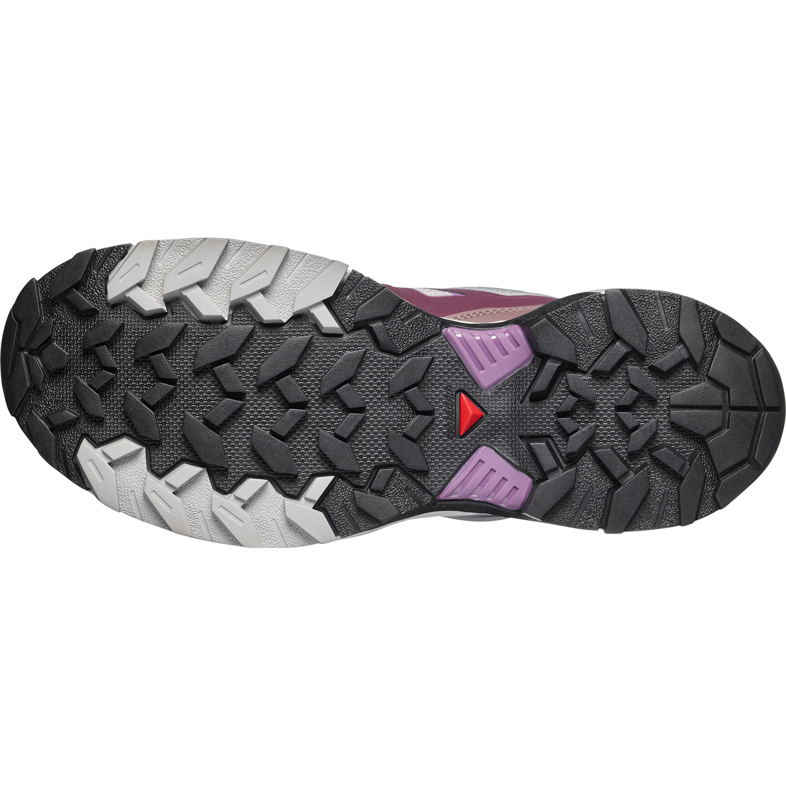 sole of salomon x ultra 360 edge gtx for women, waterproof hiking shoe with good grip, purple and grey colour, 
