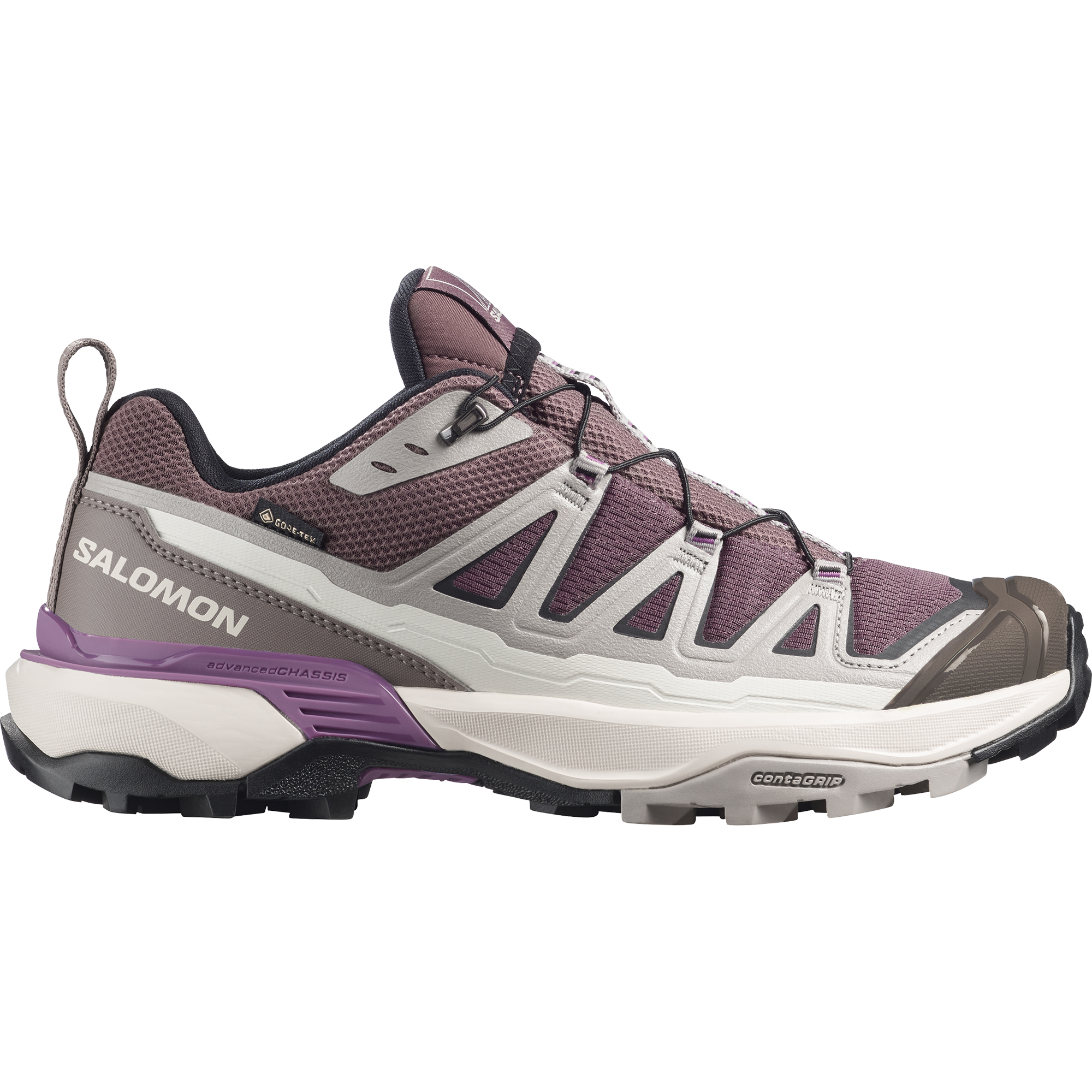 salomon x ultra 360 edge gtx for women, waterproof hiking shoe with good grip, purple and grey colour, side profile of shoe