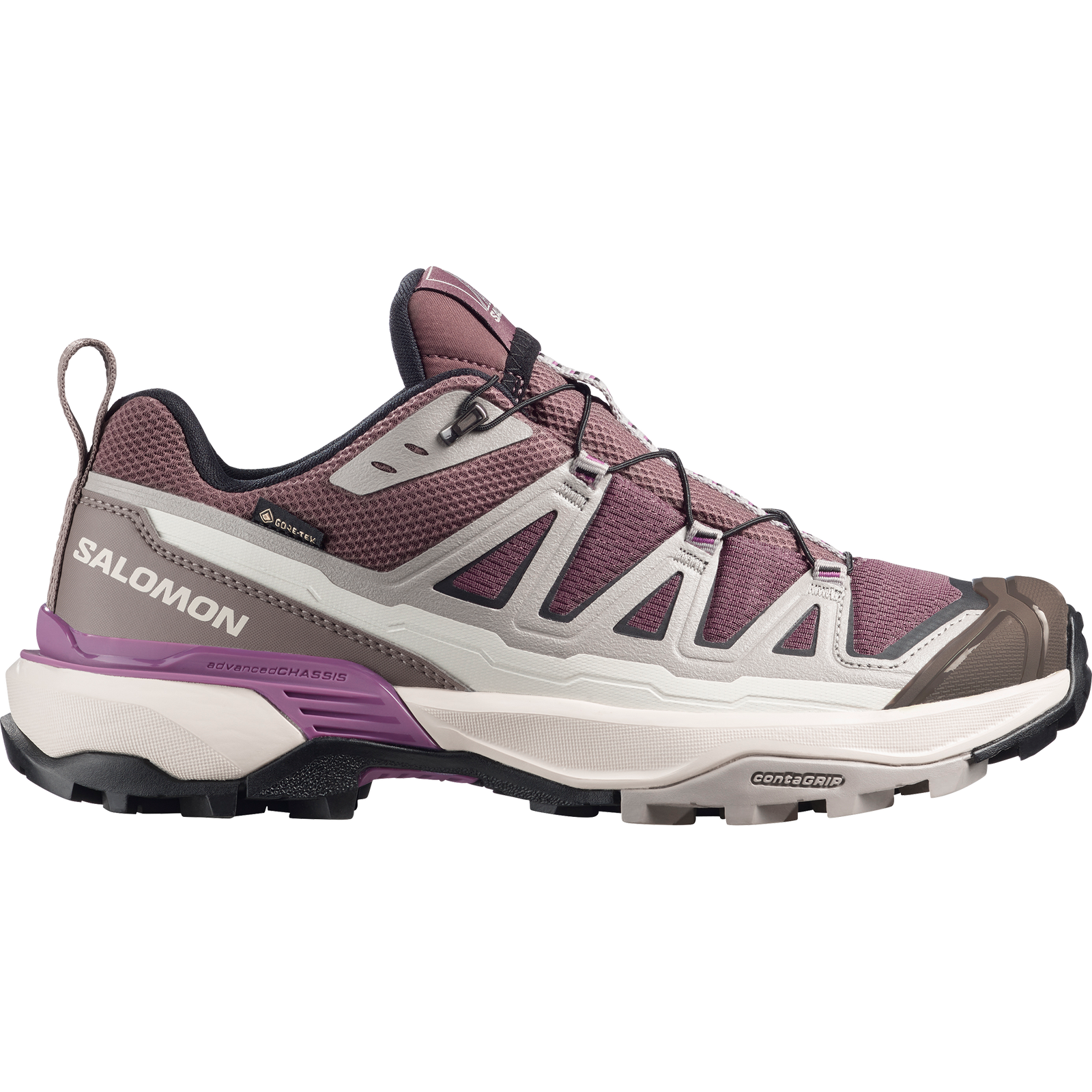 salomon x ultra 360 edge gtx for women, waterproof hiking shoe with good grip, purple and grey colour, side profile of shoe