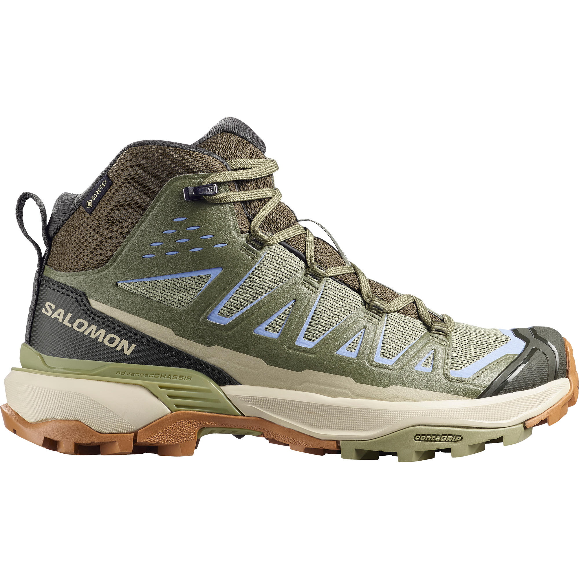 salomon x ultra 360 mid gore-tex womens hiking boots in the tea deep lichen  brunnera blue colourway. Side view of shoe.