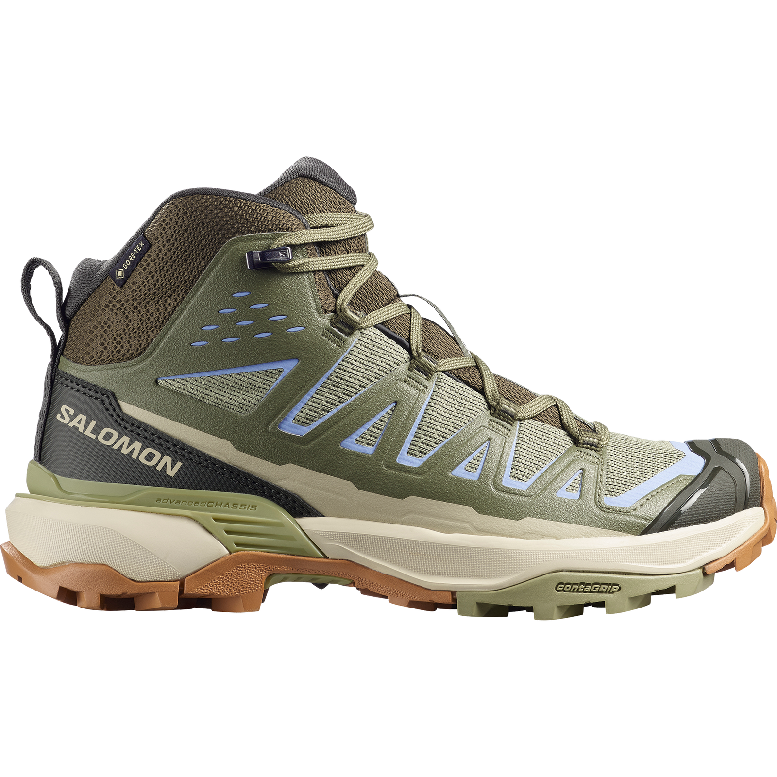 salomon x ultra 360 mid gore-tex womens hiking boots in the tea deep lichen  brunnera blue colourway. Side view of shoe.