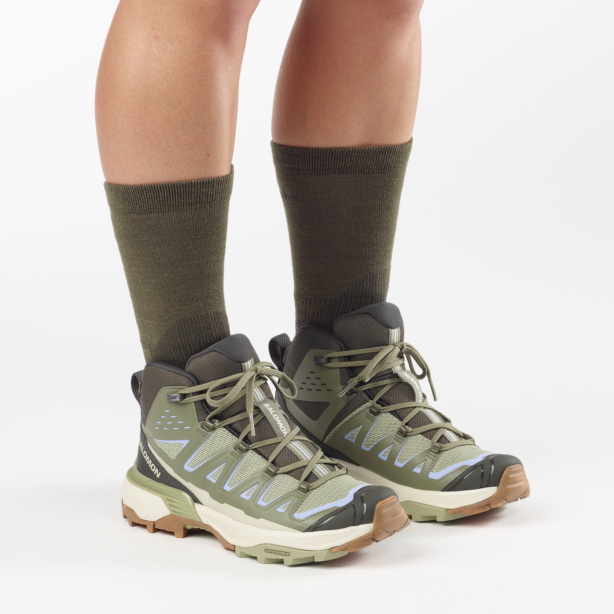 salomon x ultra 360 mid gore-tex womens hiking boots in the tea deep lichen  brunnera blue colourway. picture of shoes on a model