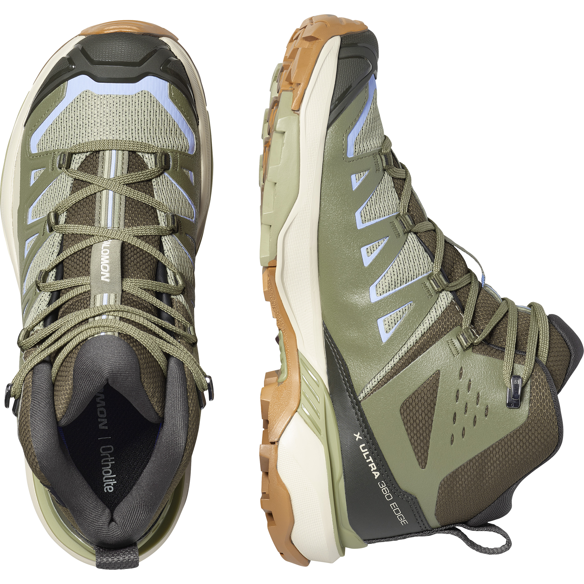 salomon x ultra 360 mid gore-tex womens hiking boots in the tea deep lichen  brunnera blue colourway. pictures of both shoes, one side profile and one top down view.