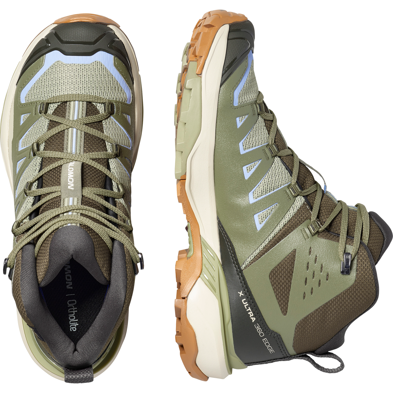 salomon x ultra 360 mid gore-tex womens hiking boots in the tea deep lichen  brunnera blue colourway. pictures of both shoes, one side profile and one top down view.