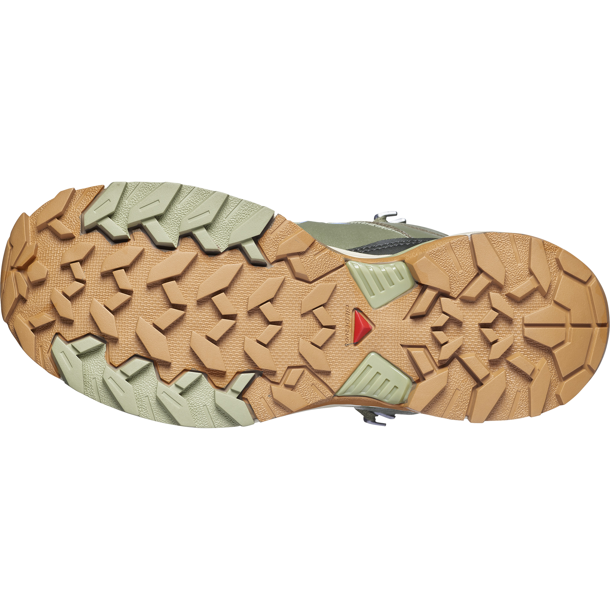 salomon x ultra 360 mid gore-tex womens hiking boots in the tea deep lichen  brunnera blue colourway. View of sole of shoe.