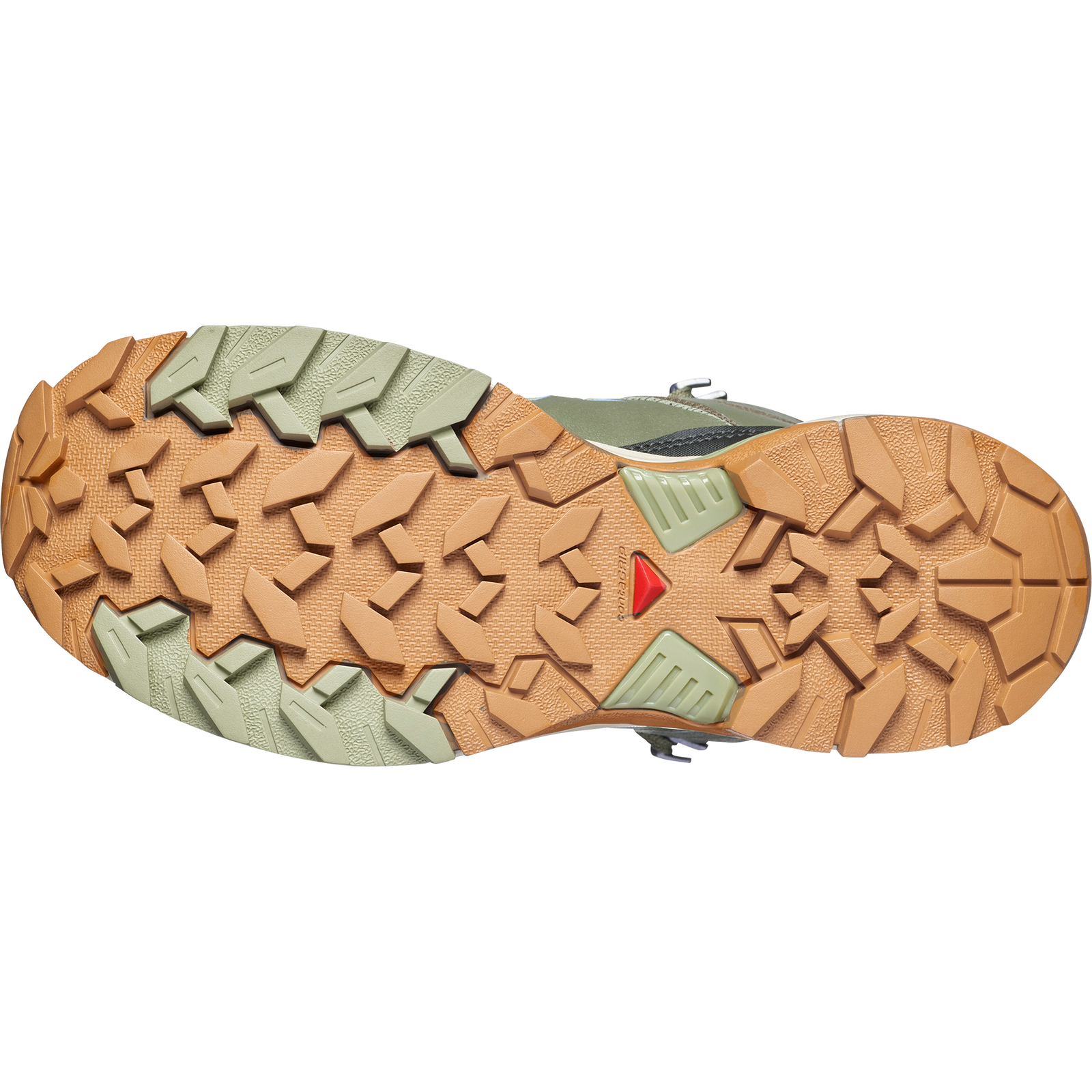 salomon x ultra 360 mid gore-tex womens hiking boots in the tea deep lichen  brunnera blue colourway. View of sole of shoe.