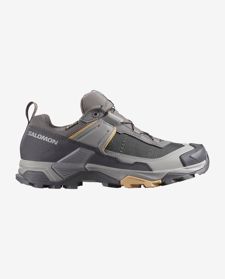 salomon x ultra 5 for women hiking shoe with fast lace closing, dark grey with light grey and beige accents 