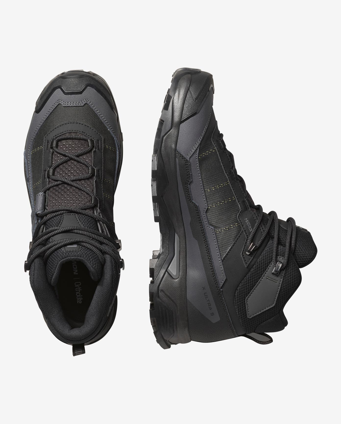 salomon x ultra mid gore-tex mens hiking boot in the black asphalt, castlerock colourway. picture of boot on a white background.