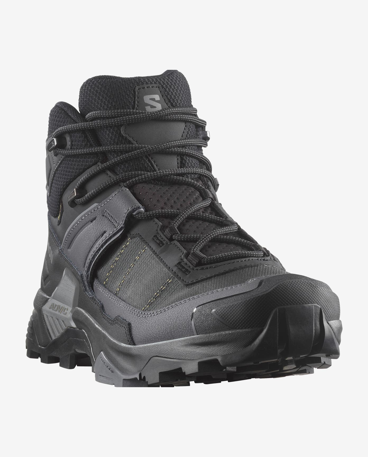 salomon x ultra mid gore-tex mens hiking boot in the black asphalt, castlerock colourway. picture of boot on a white background.