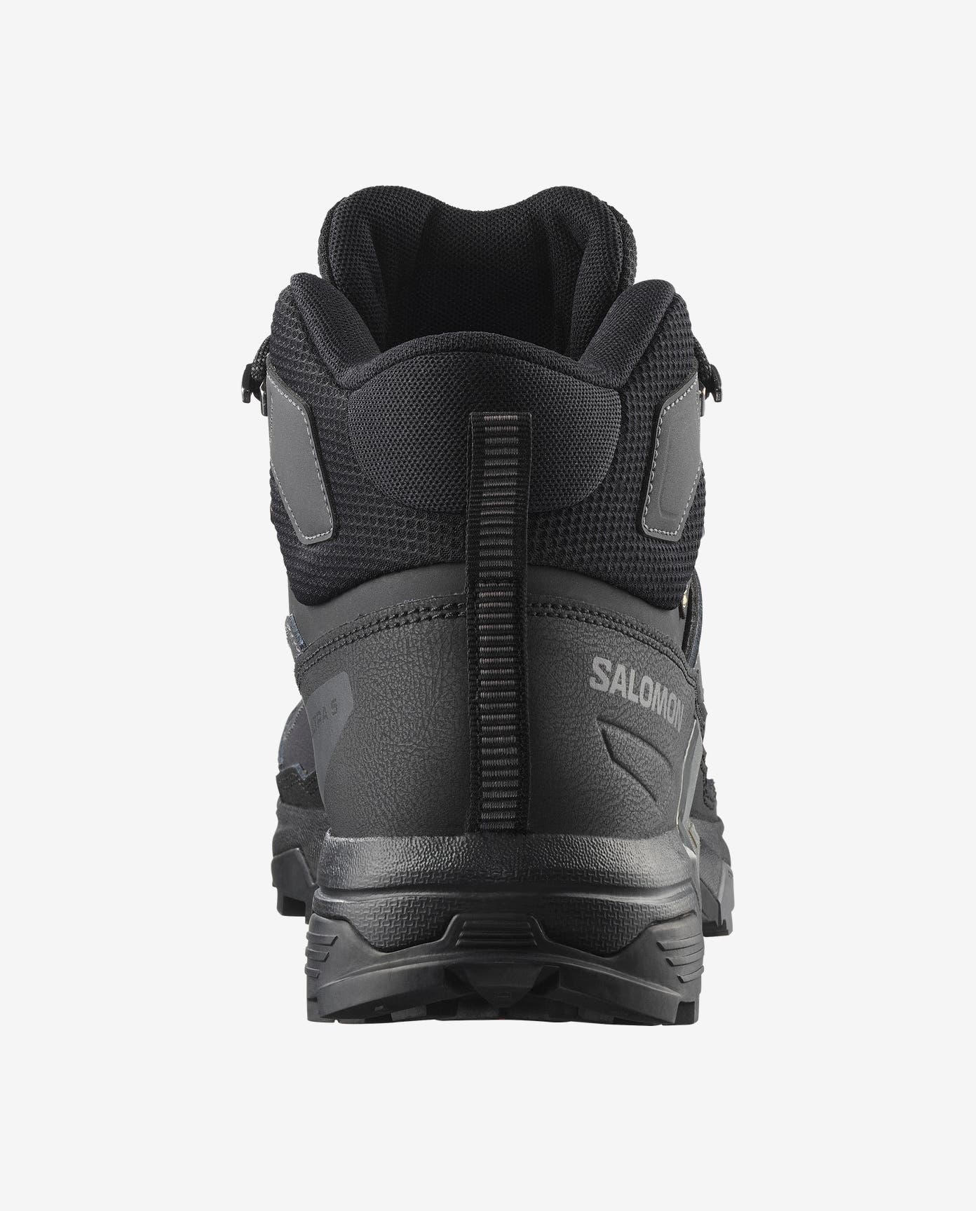 salomon x ultra mid gore-tex mens hiking boot in the black asphalt, castlerock colourway. picture of boot on a white background.