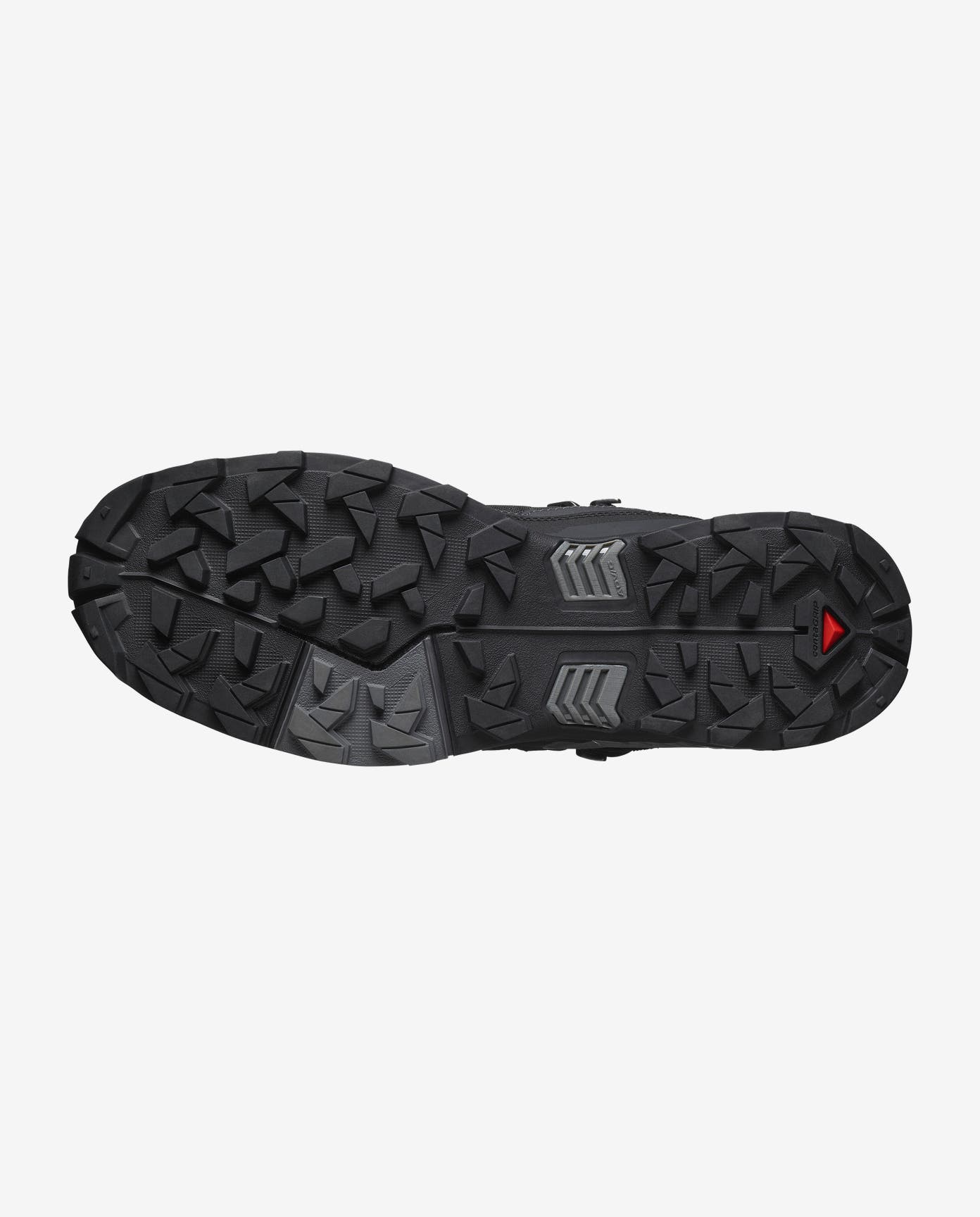 salomon x ultra mid gore-tex mens hiking boot in the black asphalt, castlerock colourway. picture of sole of boot on a white background.
