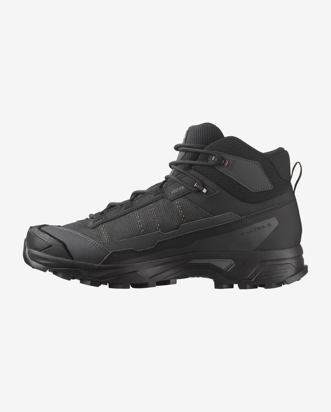 salomon x ultra mid gore-tex mens hiking boot in the black asphalt, castlerock colourway. picture of boot on a white background.