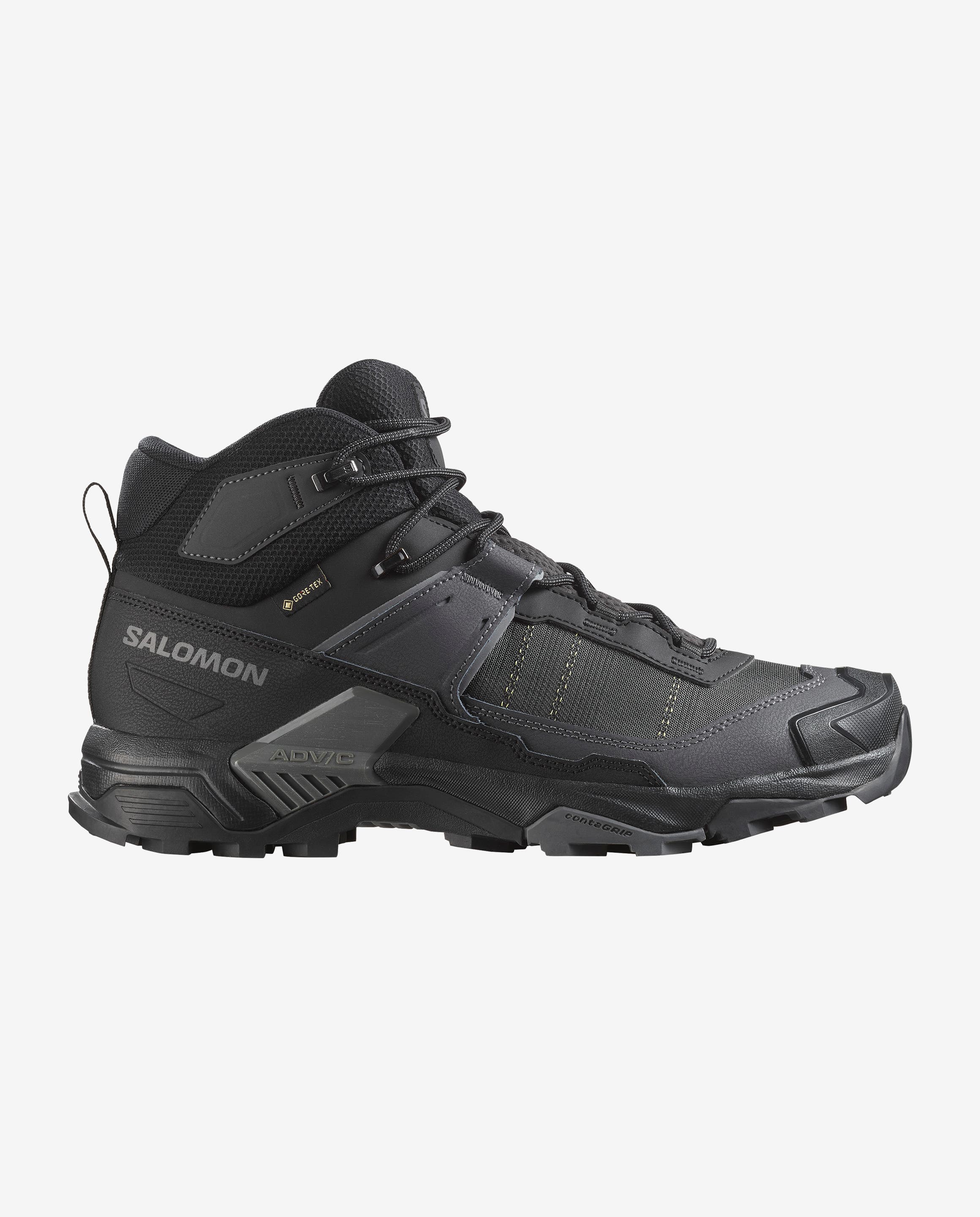 salomon x ultra mid gore-tex mens hiking boot in the black asphalt, castlerock colourway. picture of boot on a white background.