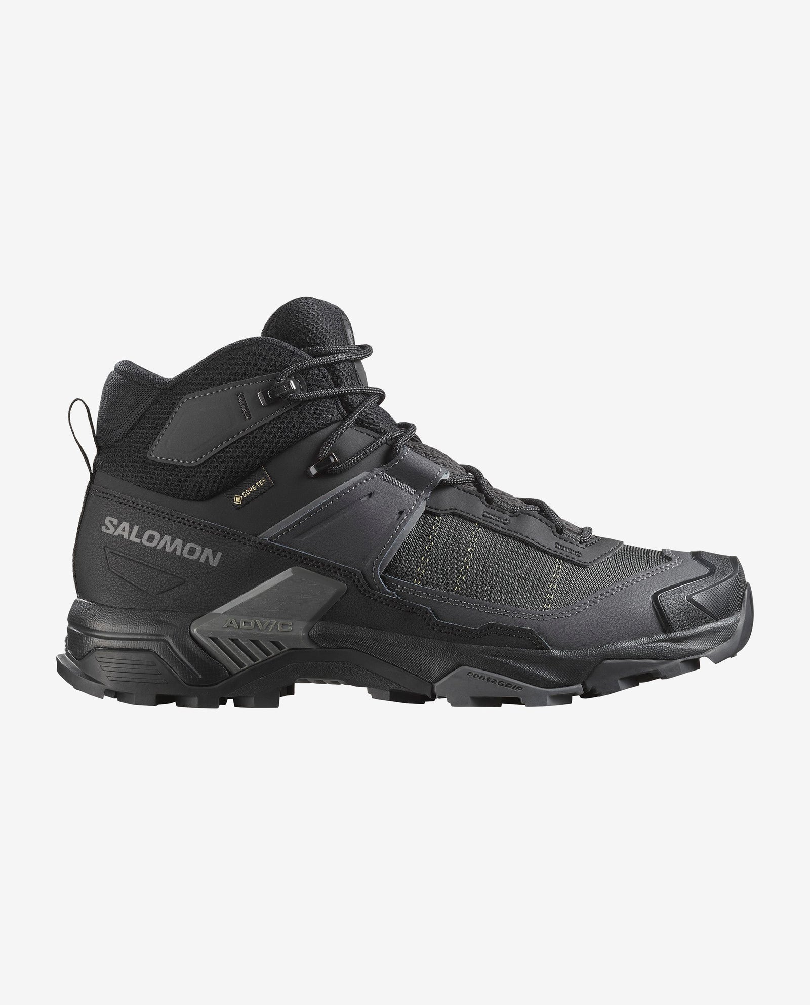 salomon x ultra mid gore-tex mens hiking boot in the black asphalt, castlerock colourway. picture of boot on a white background.