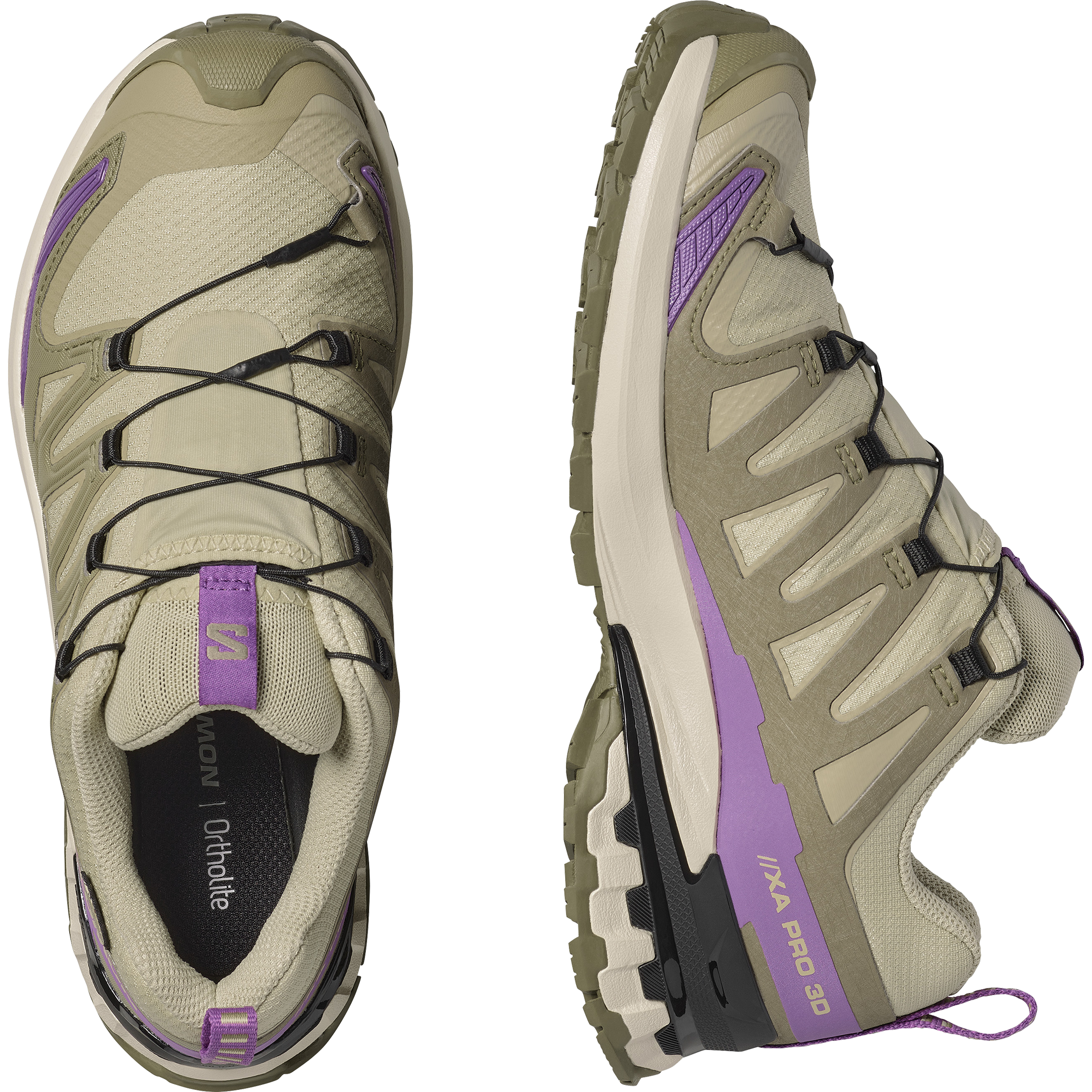 salomon xa pro 3d v9 gtx trail running and hiking shoe for women, waterproof salomon shoe, light green colour with olive green, purple and black details, side profile of both shoes on a white background