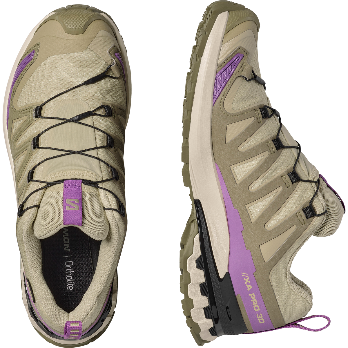 salomon xa pro 3d v9 gtx trail running and hiking shoe for women, waterproof salomon shoe, light green colour with olive green, purple and black details, side profile of both shoes on a white background