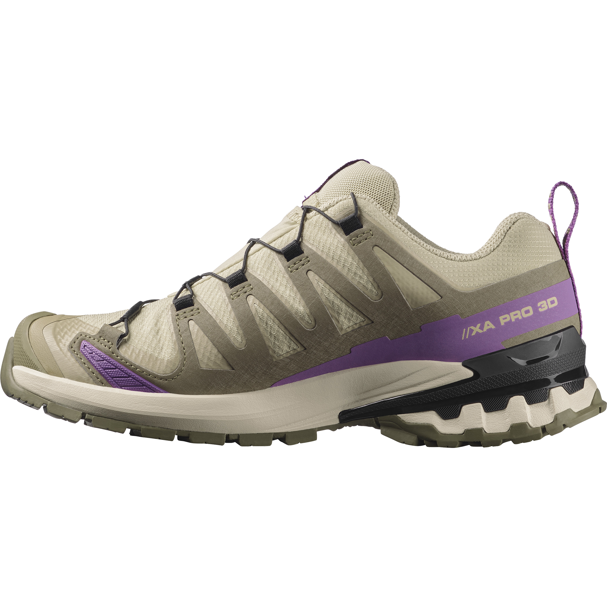 salomon xa pro 3d v9 gtx trail running and hiking shoe for women, waterproof salomon shoe, light green colour with olive green, purple and black details, side profile of shoe on a white background