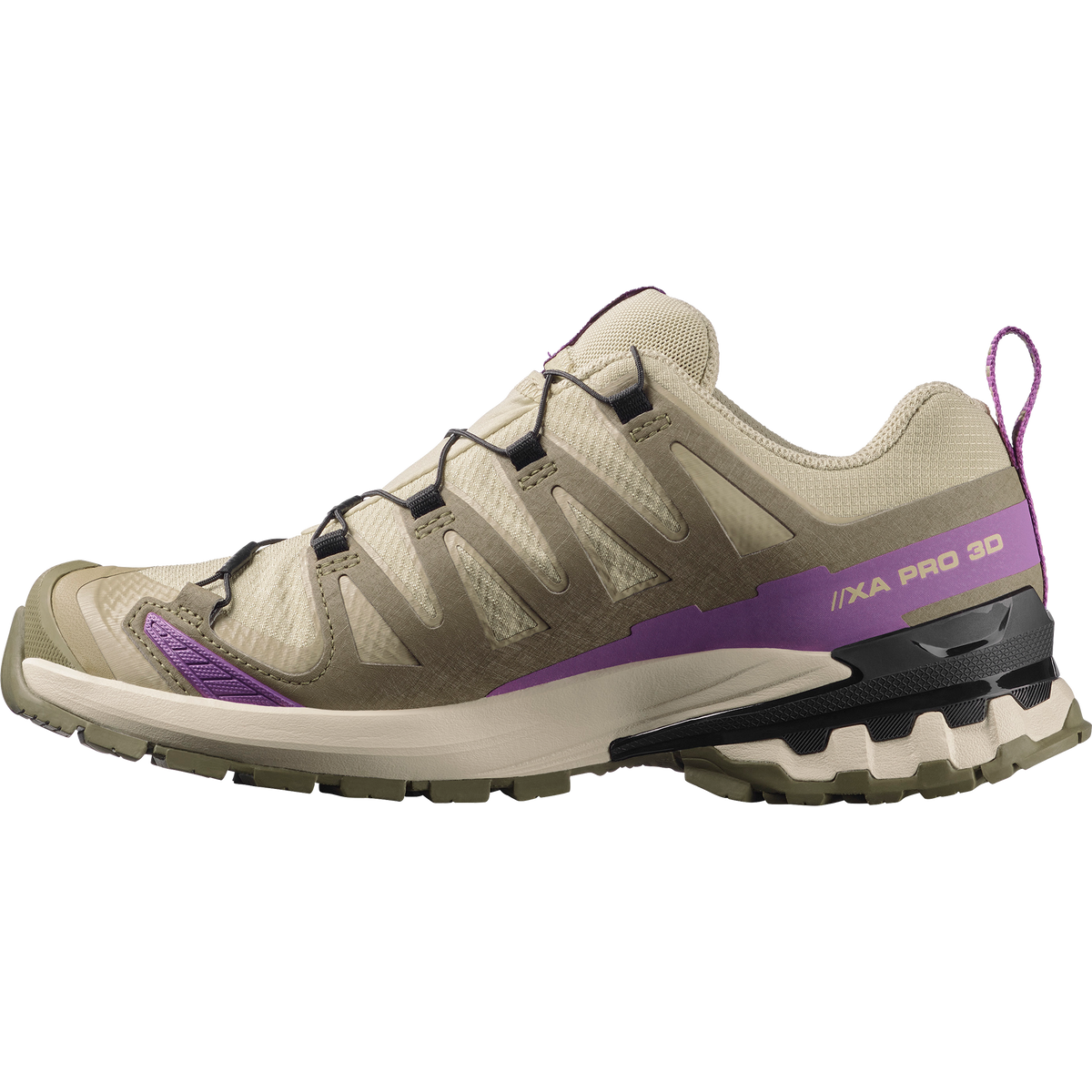 salomon xa pro 3d v9 gtx trail running and hiking shoe for women, waterproof salomon shoe, light green colour with olive green, purple and black details, side profile of shoe on a white background