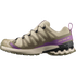salomon xa pro 3d v9 gtx trail running and hiking shoe for women, waterproof salomon shoe, light green colour with olive green, purple and black details, side profile of shoe on a white background