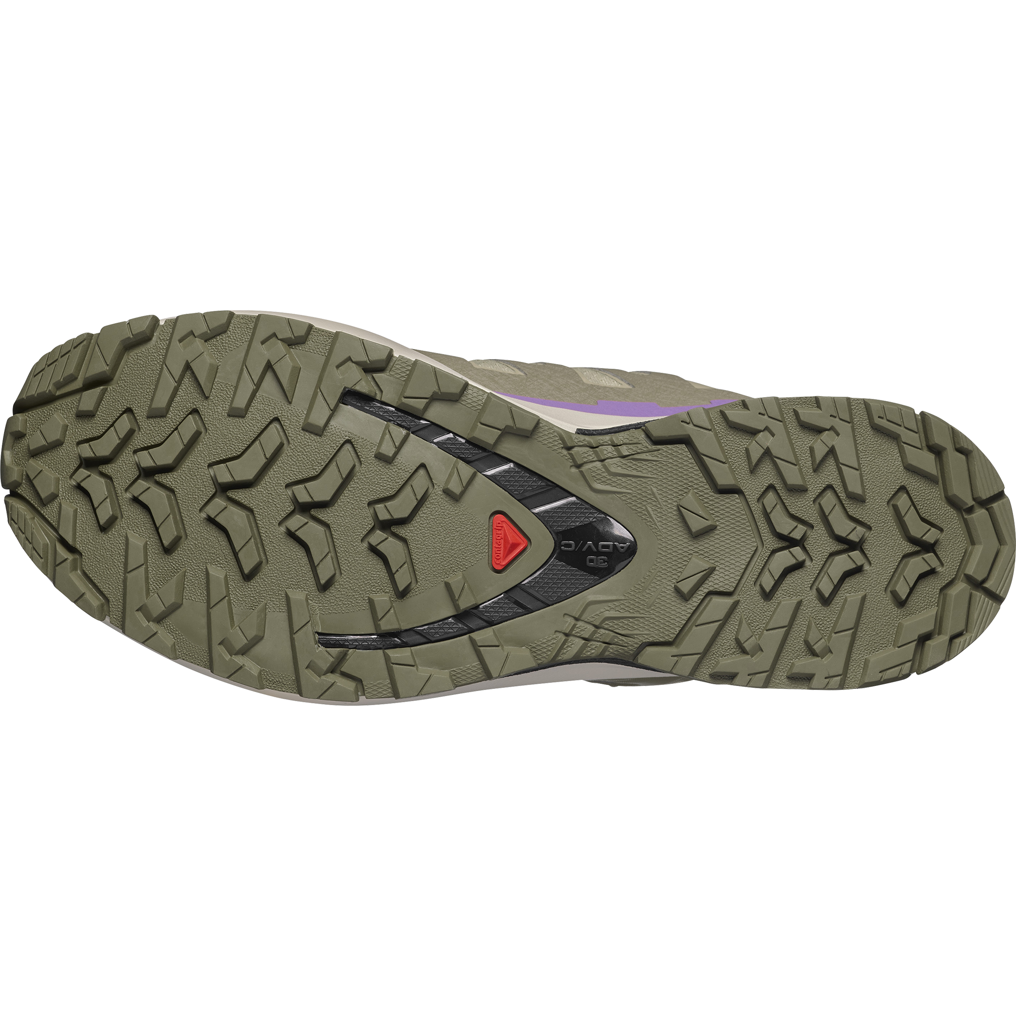 salomon xa pro 3d v9 gtx trail running and hiking shoe for women, waterproof salomon shoe, light green colour with olive green, purple and black details, side profile of sole of shoe on a white background