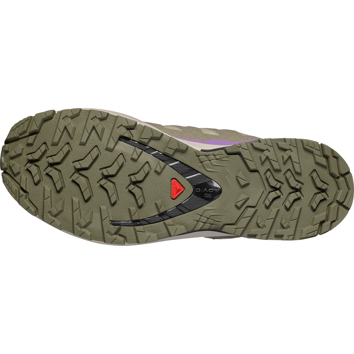 salomon xa pro 3d v9 gtx trail running and hiking shoe for women, waterproof salomon shoe, light green colour with olive green, purple and black details, side profile of sole of shoe on a white background