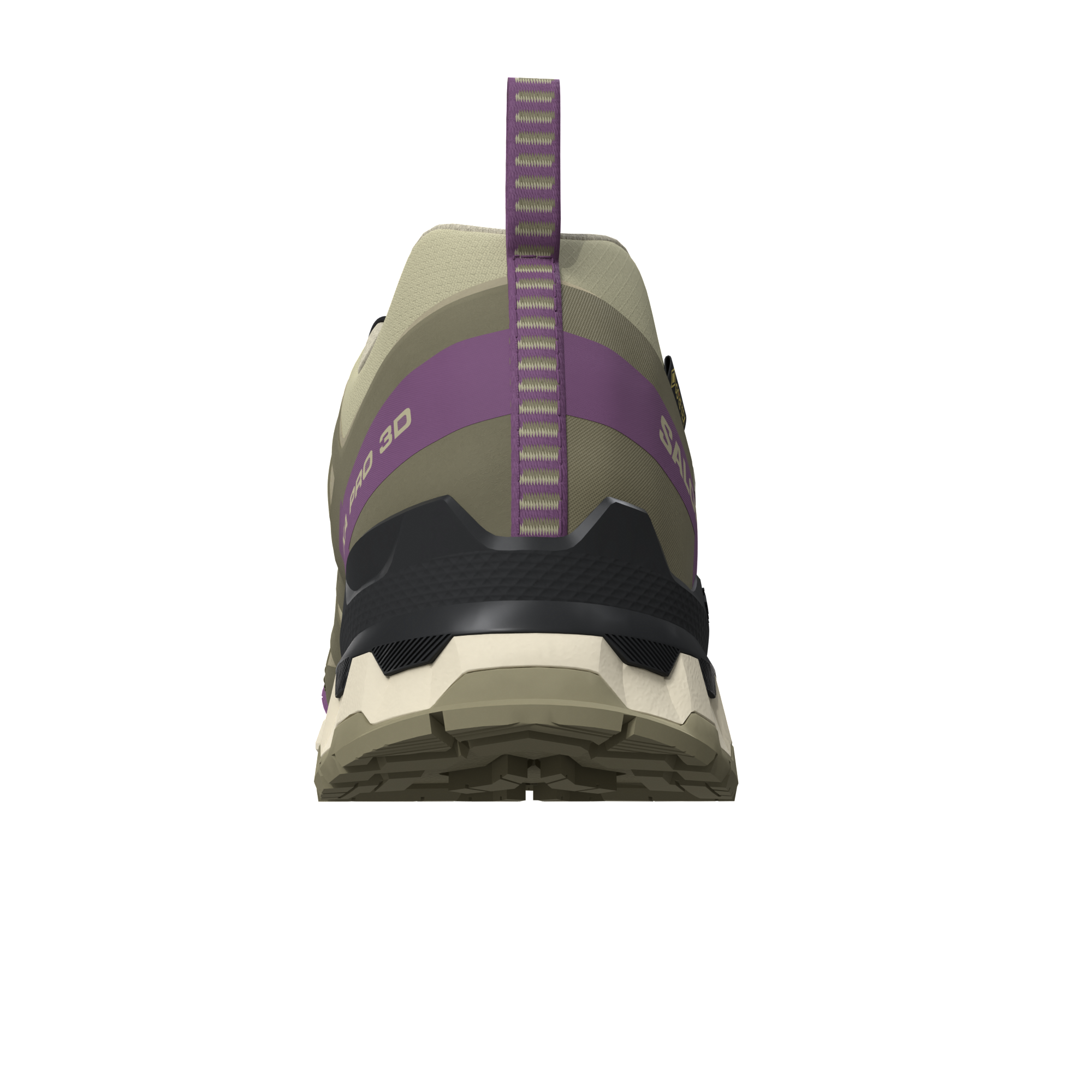 salomon xa pro 3d v9 gtx trail running and hiking shoe for women, waterproof salomon shoe, light green colour with olive green, purple and black details, back heel profile of shoe on a white background