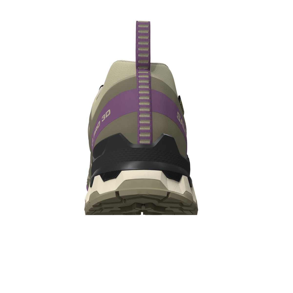 salomon xa pro 3d v9 gtx trail running and hiking shoe for women, waterproof salomon shoe, light green colour with olive green, purple and black details, back heel profile of shoe on a white background